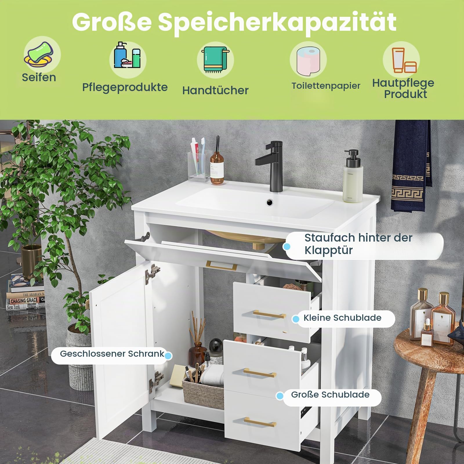 LIFEZEAL Badezimmerschrank mit Waschbecken, Waschbeckenunterschrank mit Keramikspüle, 2 Schubladen und Türen, Waschbeckenschrank Weiß 76 x 46,5 x 86 cm