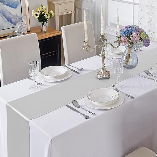 Miniatura 7 de Paquete de 5 caminos de mesa de satén de 12 x 108 pulgadas de largo, camino de mesa plateado de seda satinada para boda, cumpleaños, recepción,