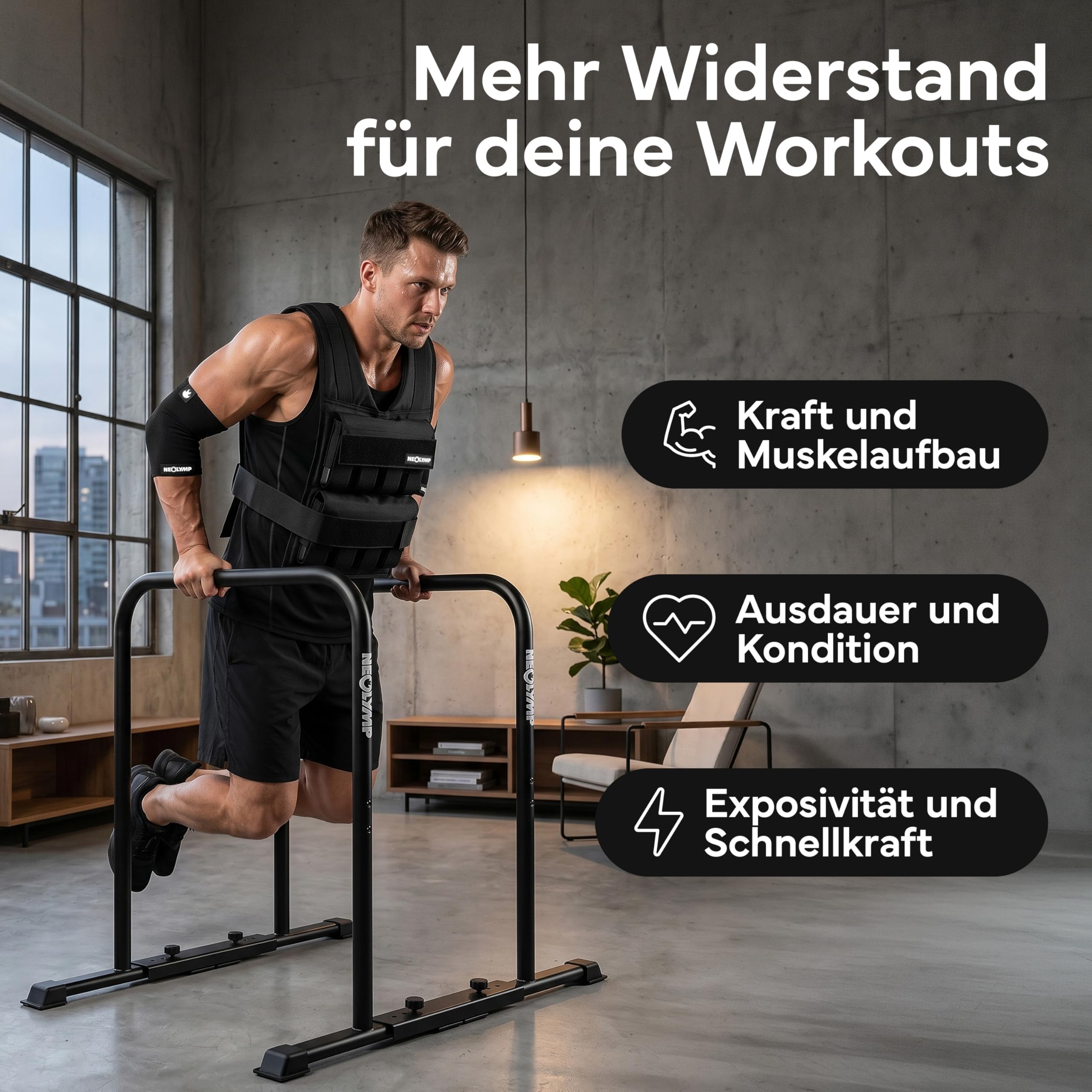 NEOLYMP Gewichtsweste 20kg – 16 Metallblöcke à 1,2kg – Stufenlos verstellbar bis 20 kg– Kein Verrutschen – Calisthenics Equipment & Krafttraining - Weight Vest – Plattenträger Weste Herren Damen