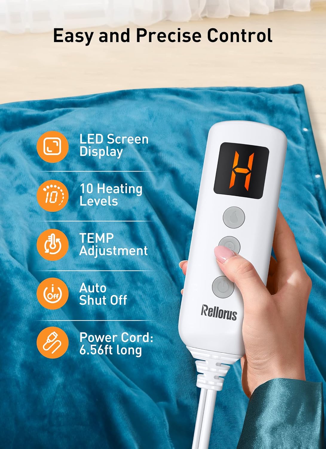 review Rellorus Heated Blankets, Electric Blankets Throws, 10 Heating Levels, Auto Shut-Off, Fast and Even Heating with Hand Controller, Machine Washable, Double-Sided Flannel, ETL Certification(50