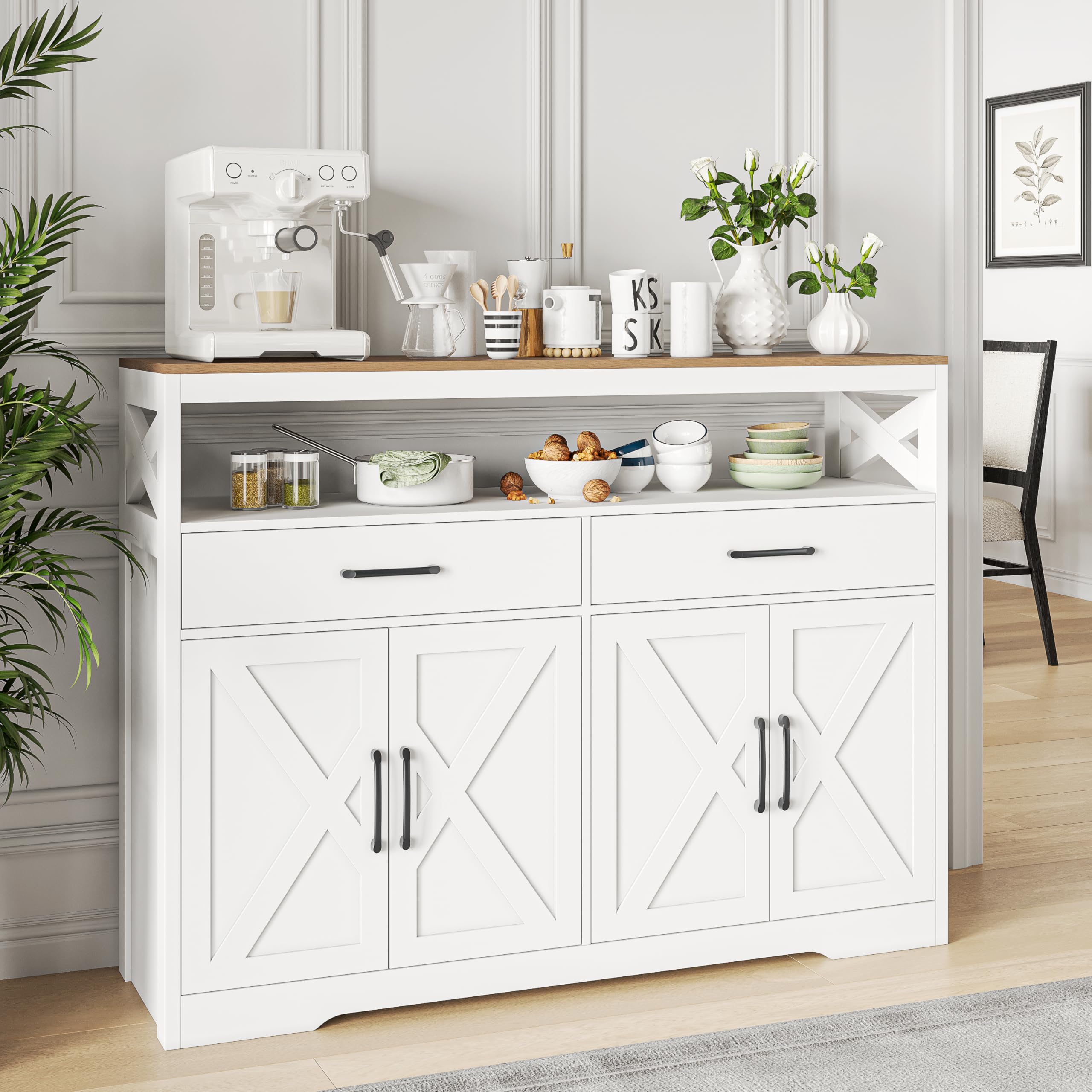 Credenza da cucina con piano di lavoro, 140 cm di larghezza, con 2 cassetti, 4 ante e ripiani regolabili, buffet da cucina per soggiorno, sala da pranzo, 140 x 40 x 105 cm, colore bianco