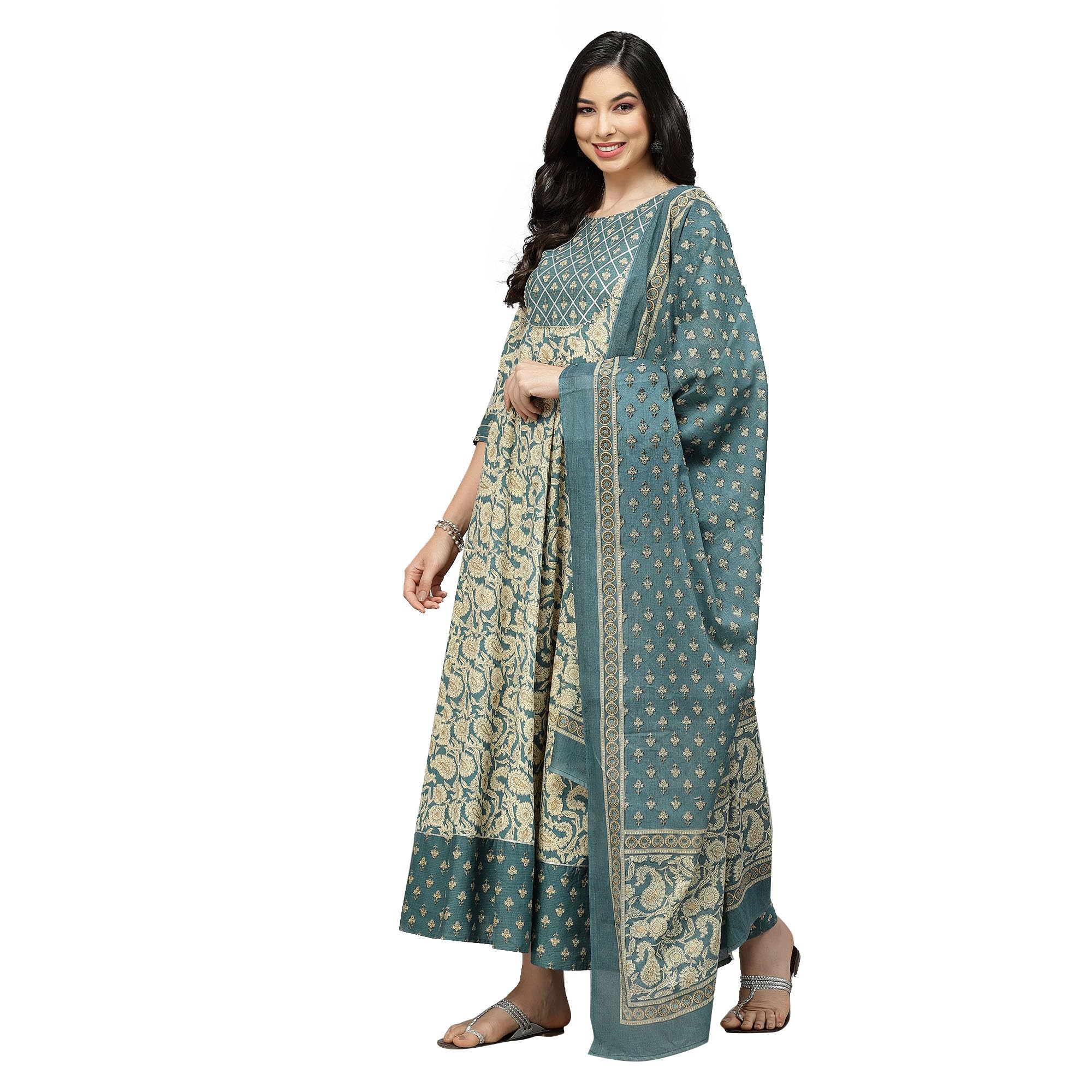 Stylum Women's Printed Cotton Anarkali Kurta With Dupatta (Kdbeigenutan40_Teal, L)