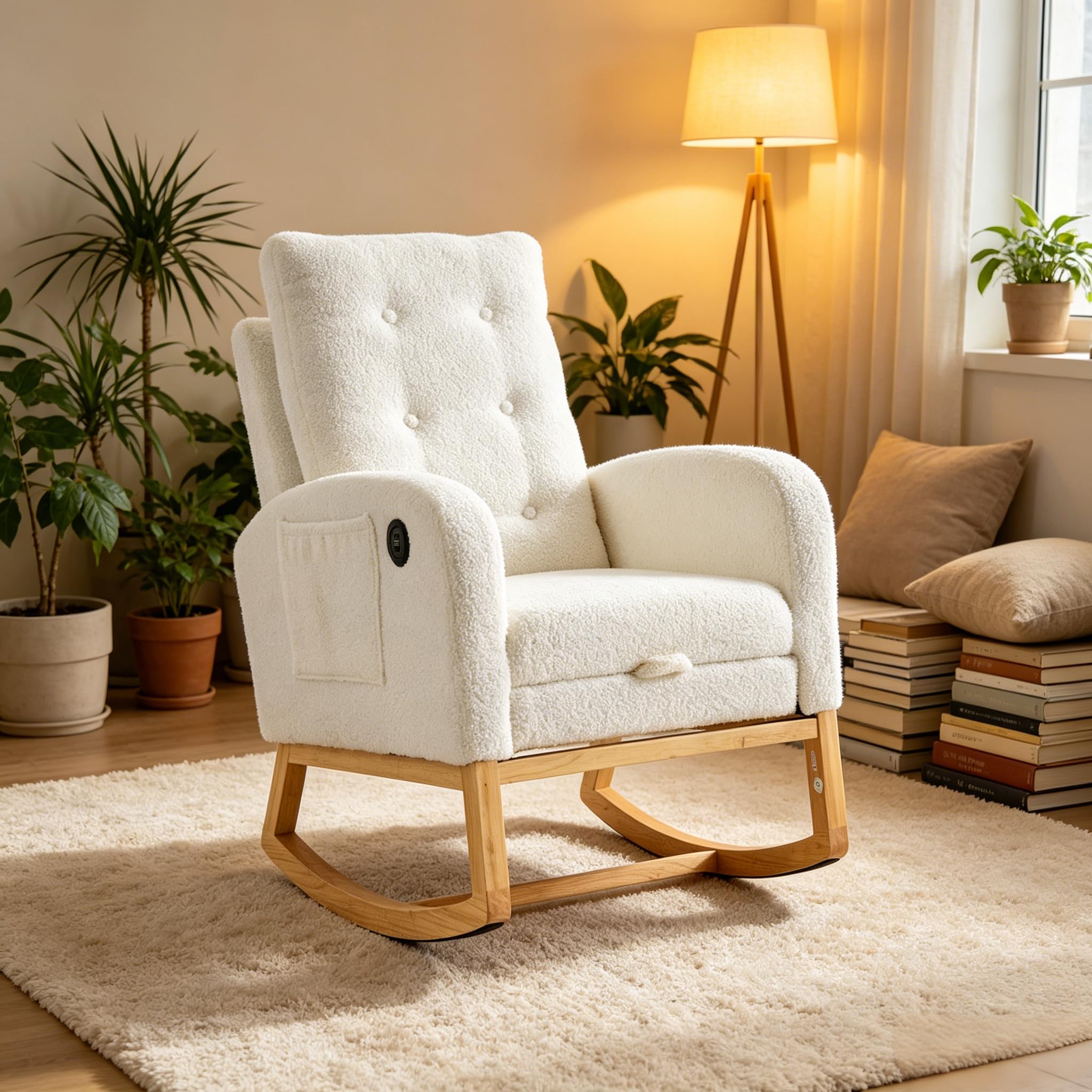 MURUL Mecedora, Bouclé, Reposapiés ajustable y bolsillos laterales, adecuado para habitación infantil, dormitorio, salón, blanco, 66,5 x 121,5 x 102 cm