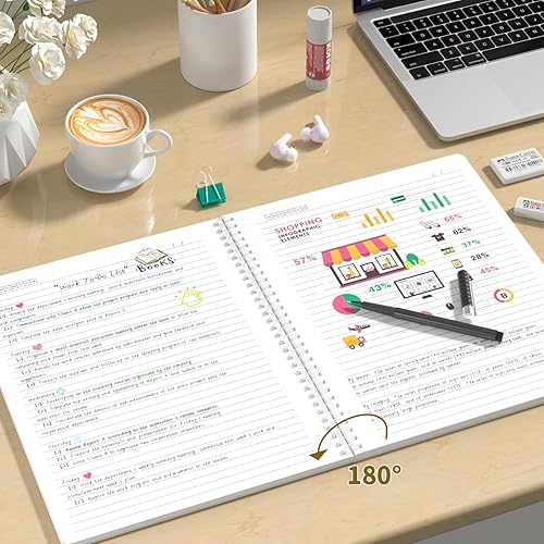 Miniatura 4 de Cuaderno de espiral A4 con rayas anchas, paquete de 4 cuadernos de 8.5 x 11 pulgadas, 140 páginas, 3.53 ozm, cuadritos rayados pequeños degradados,