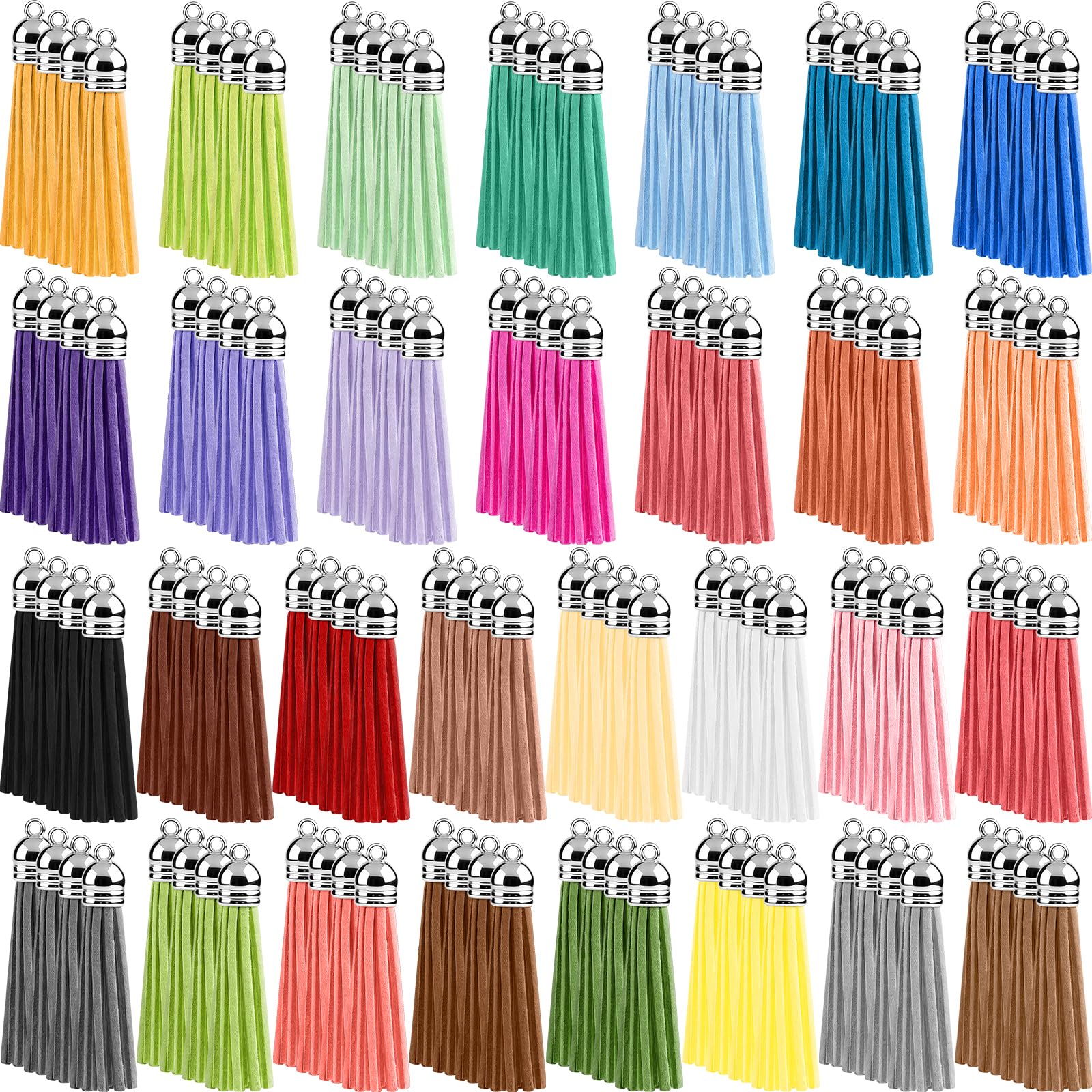 NEBURORA 120 Pcs Multicolor Keychains Tassel 55mm Silver White Hat Leather Tassels for Jewelry Keychain Making Craft Supplies