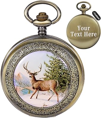 Deer Pattern Customized Pocket Watch Bronze Alloy Men Personalized Quartz Watch with Chain Retro Arabic Numeral Clock