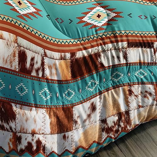 Miniatura 4 de AILONEN Juego de edredón con textura de pelo de vaca blanco y marrón, tamaño Queen, juego de ropa de cama con patrón geométrico étnico de piel de