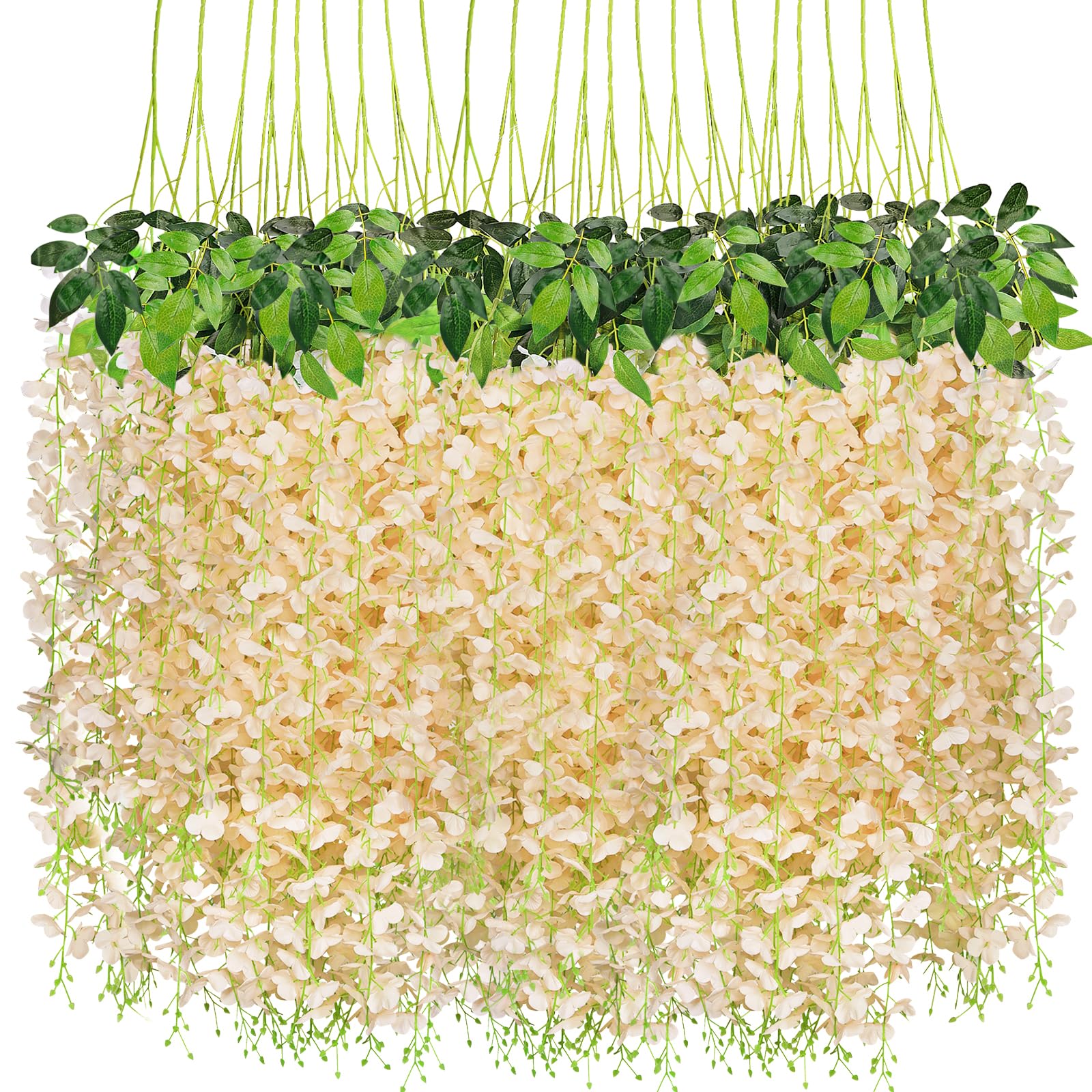 CEWOR 24pcs Wisteria Hanging Flowers 3.7 Ft Artificial Vine Fake Garland Silk String for Wedding Party Garden Outdoor Greenery Home Wall Decoration (Champagne)