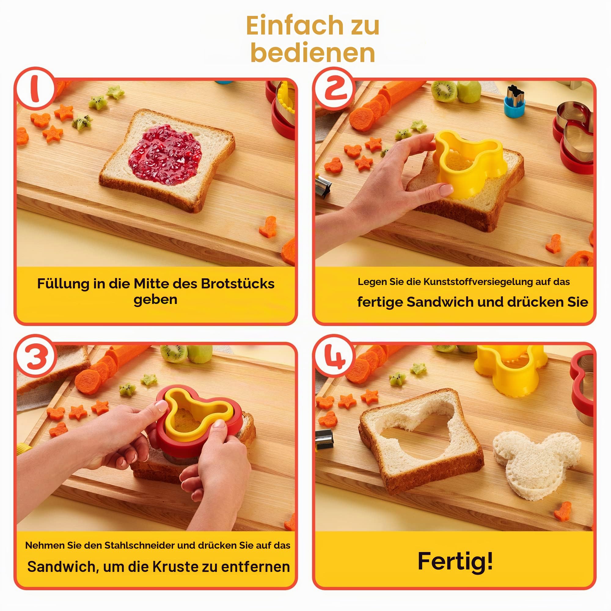 GET FRESH Sandwichschneider und Versiegler für Kinder -17 Stück Kinder Edelstahl Decruster Sandwich Ausstecher Gemüseschneider - Dino Metall Brotschneider und 5 Gemüseformen mit 10 Tiere Zahnstocher
