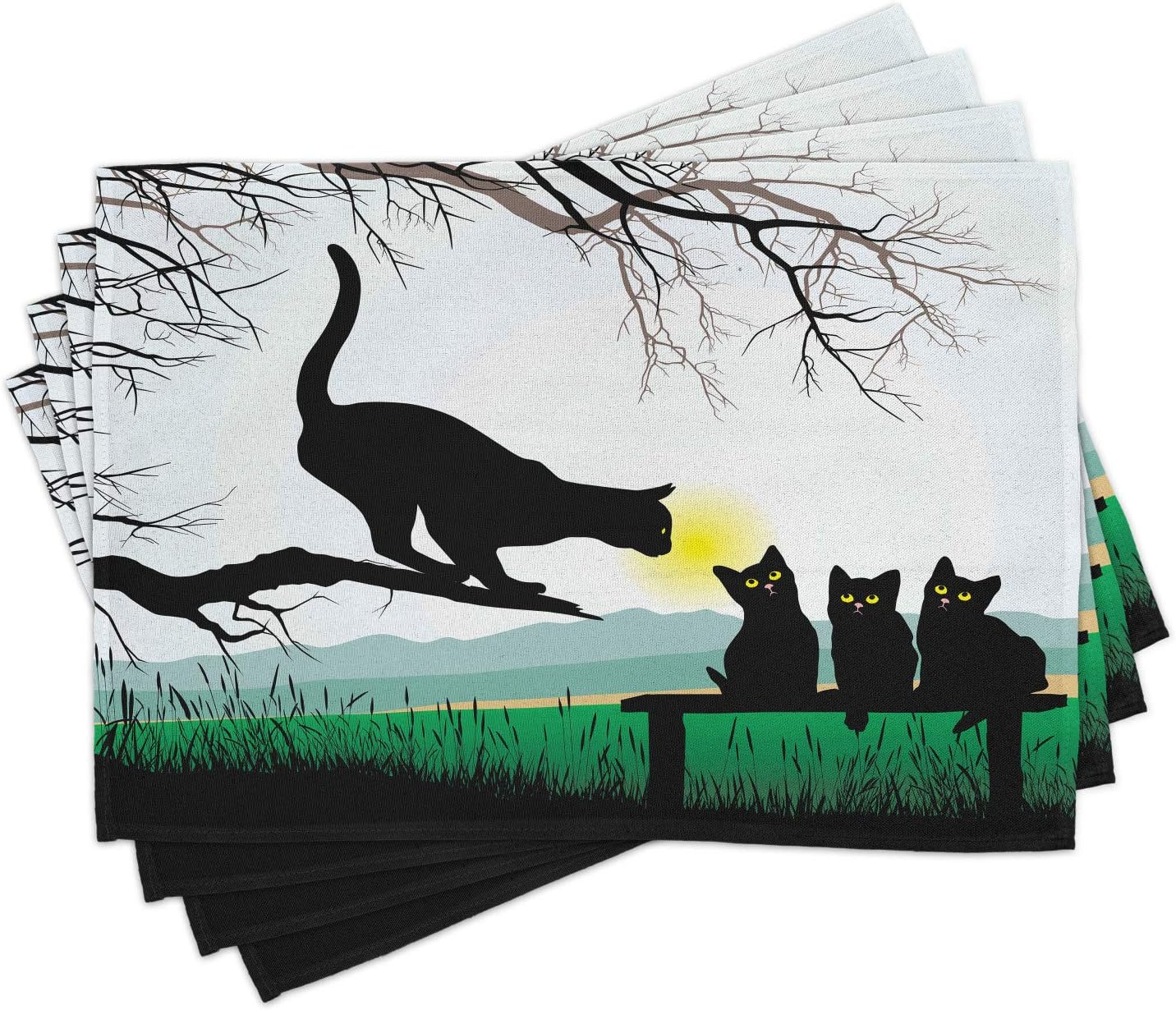 Ambesonne Cat Place Mats Set of 4, Mother Cat on Tree