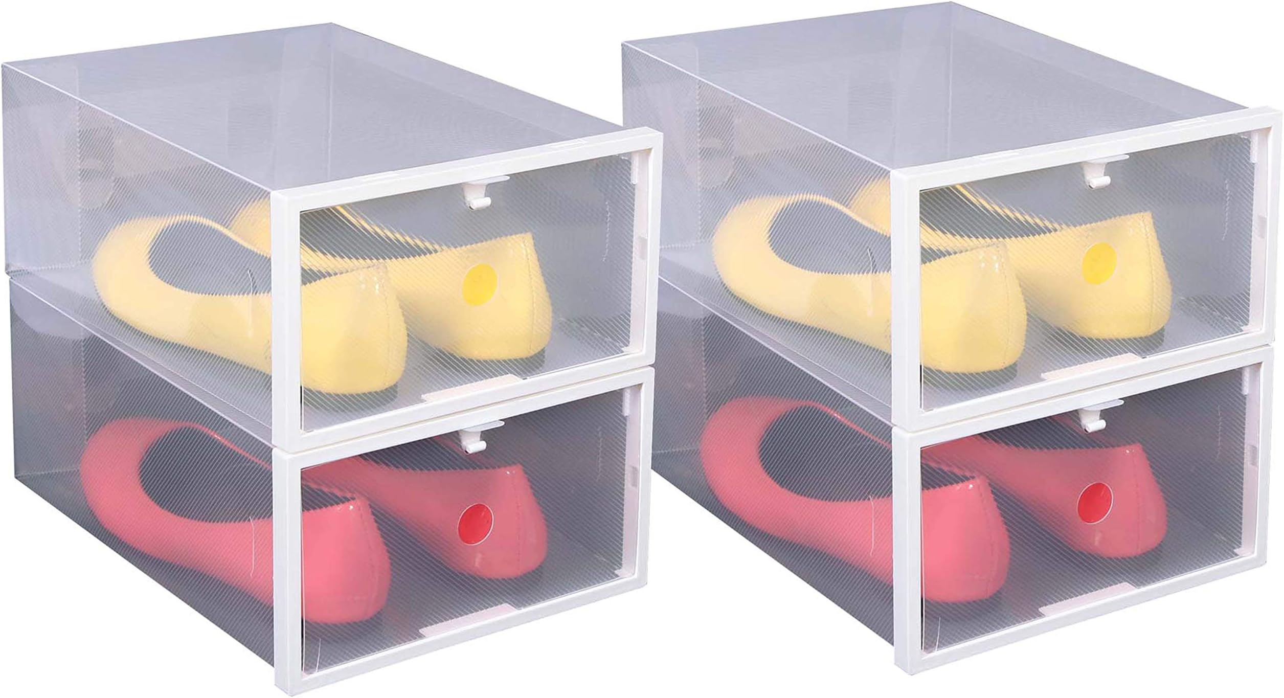 ITIDY Shoe-Box, Women Shoe Storage Boxes, Plastic Foldable Stackable Shoe Container, Closet Shelf Shoe Organizer, Drop Front Structure, Pack of 4, Clear with White Frame