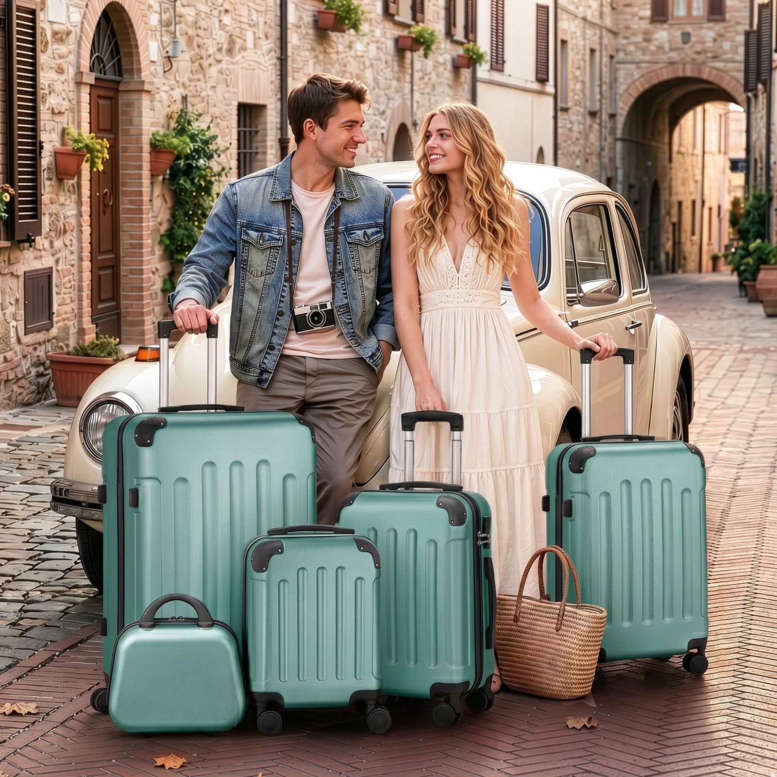 LEADZM Set de 5 Valises avec Vanity Case, Valise Cabine & Grande Taille avec Renforts d'angle, Valise Soute Ridide en ABS, Bagages Cabine (Turquoise)