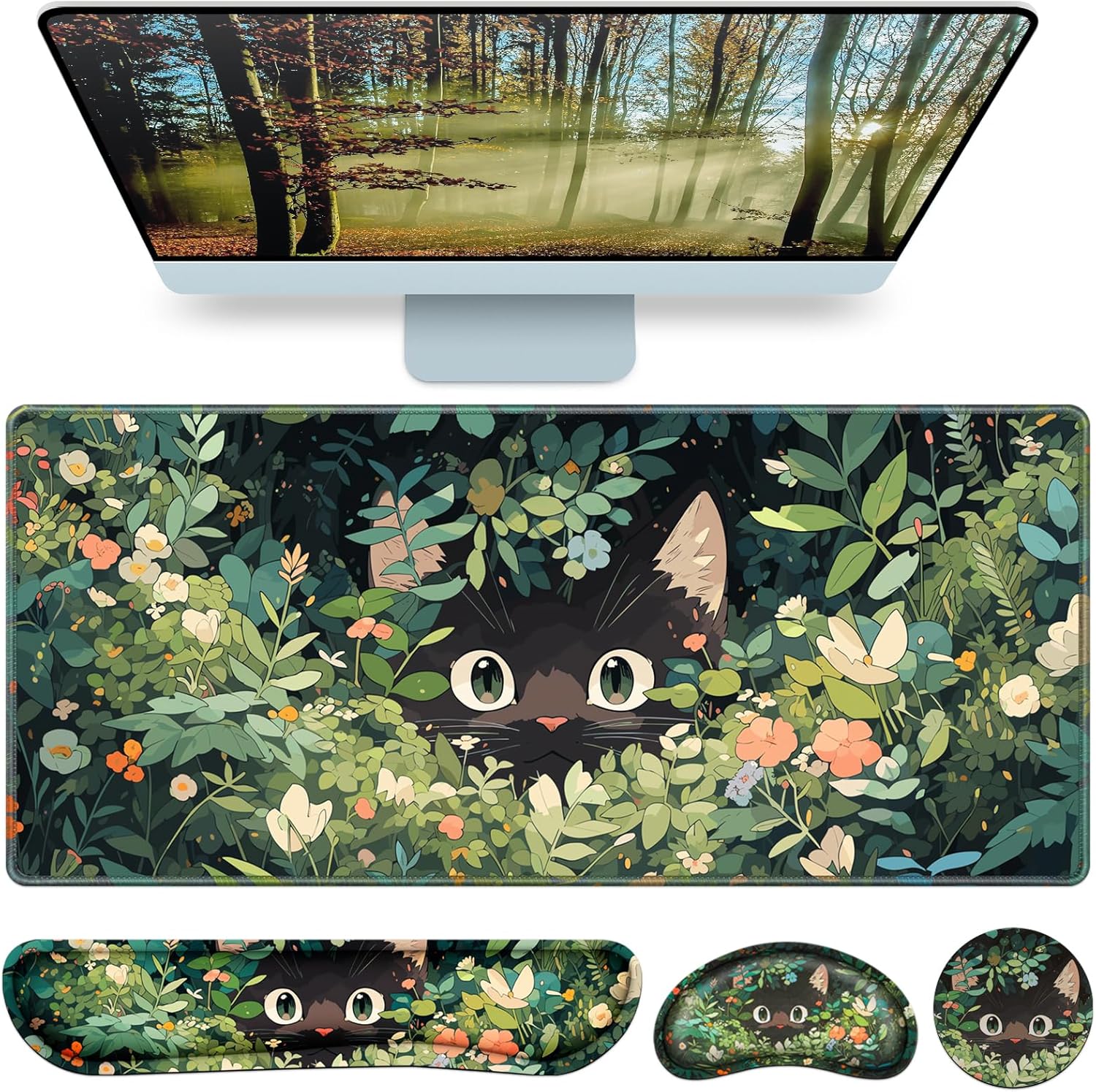 Anime Cat Mouse Pad Green Desk Mat Mouse Pad with Wrist Rest Set,Qomolama 3-in-1 Wrist Support Mouse Pad Set,Gaming Mousepad with Anti-Skid Base,Ergonomic Mouse Pad,Memory Foam Keyboard Gel Wrist Rest