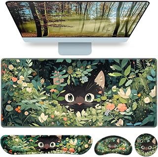 Mouse Pad Anime Mouse Pad with Wrist Rest | 4-in-1 XXL Large Desk Mat Kawaii Mousepad with Gel Wrist Support Keyboard Wrists Rest Coaster, Ergonomic Gaming Cat Desk Pad
