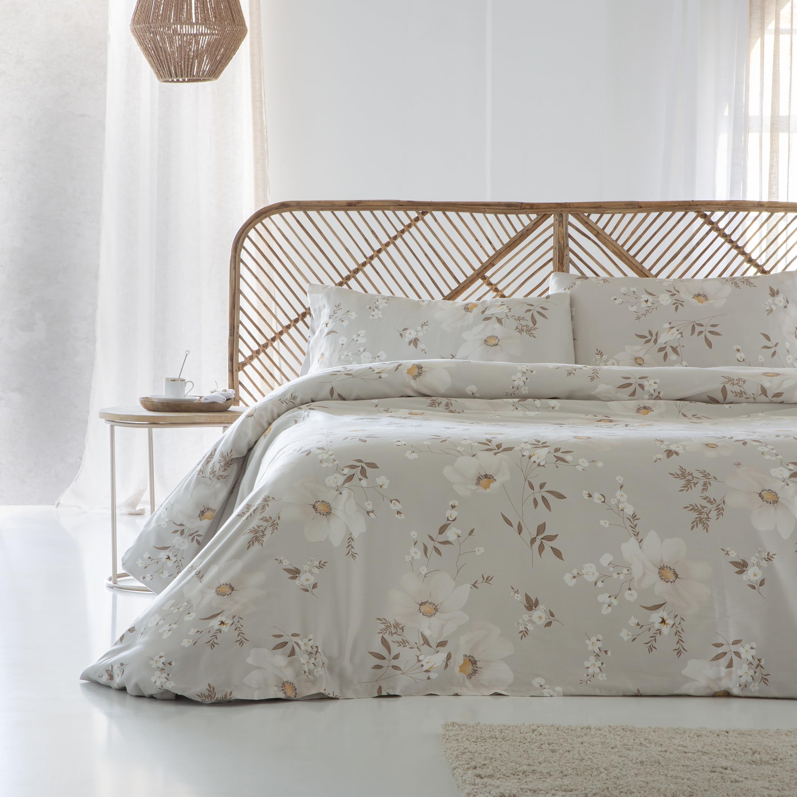 COTTON ARTean Funda Nórdica Cama 90 Satén Algodón 200 Hilos YERA Beige | Incluye 2 piezas: F.Edredón 150x220 +1 F.de Almohada Cierre Botones. Certificado OEKO-TEX