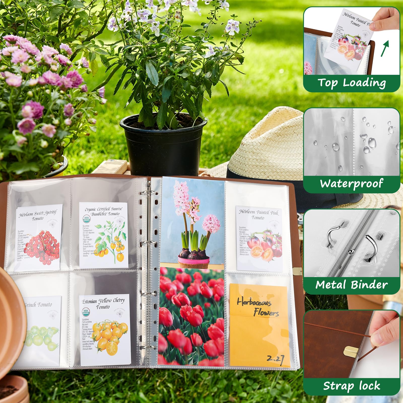 Carpeta organizadora de paquetes de semillas, paquete de planificador de jardín con 25 fundas transparentes de bolsillo (tamaño de la ranura 3.9 x 5.5 pulgadas), 50 sobres de almacenamiento de