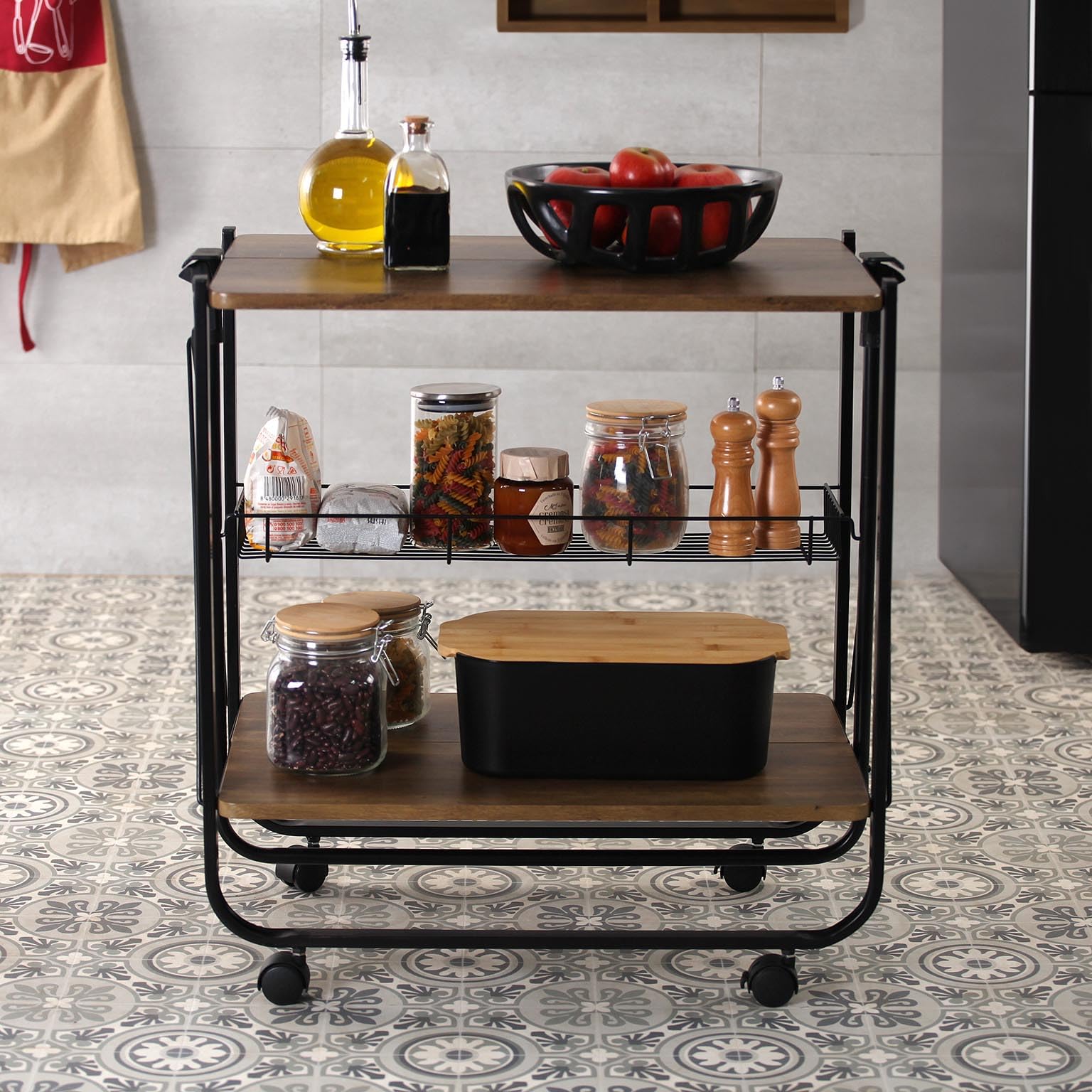 VERSA Carrello da Cucina Versatile Style, Misure (A x L x L) 70 x 40,0 x 68,0 cm, Legno MDF, Metallo Nero
