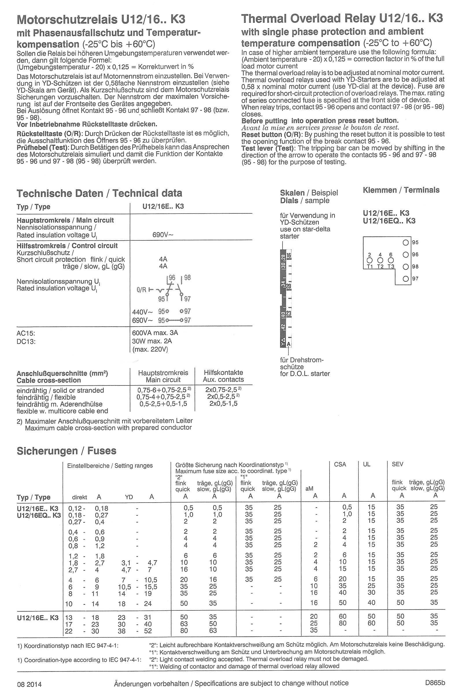 Benedict U12/16E 18 K3 Motorschutzrelais 13A bis 18A (YD 23A-31A) thermisch mit Phasenausfallschutz und Temperaturkompensation