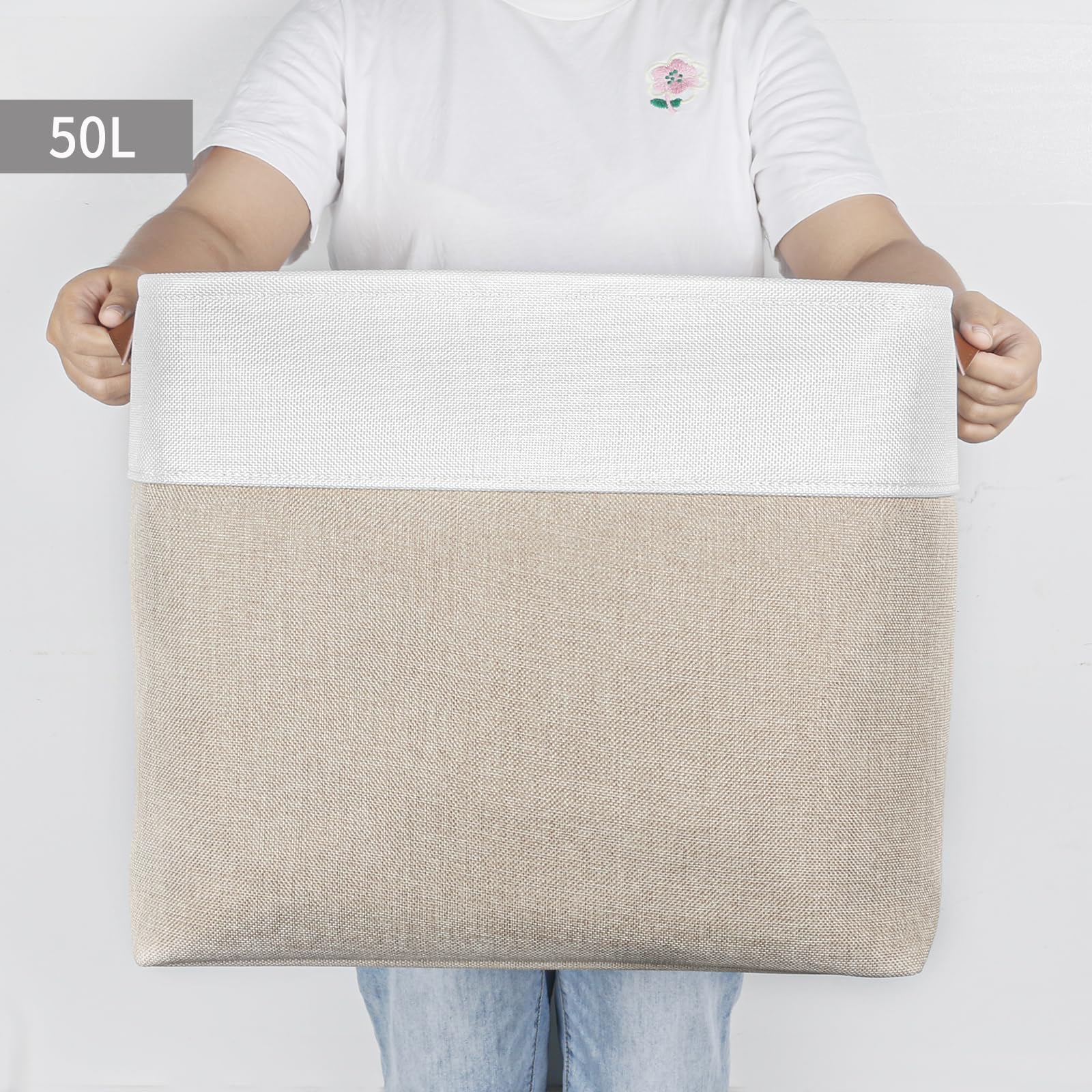 Bagnizer Canastas de almacenamiento grandes de tela | Contenedores de almacenamiento de 50 L, cestas decorativas de lino con asas para organizar, estantes, juguetes, ropa, hogar, oficina, guardería,