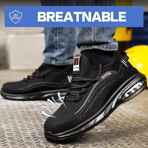 Miniatura 5 de GLANOUDUN Zapatos de punta de acero para hombre, zapatos de trabajo negros, zapatos de seguridad ligeros para hombres, zapatos de seguridad