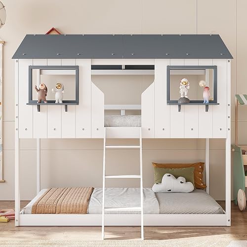 Twin Over Twin Low Bunk Bed, Wooden House Bed with Roof, 2 Front Windows, 2 Small Shelves, Ladder and Guardrail, White