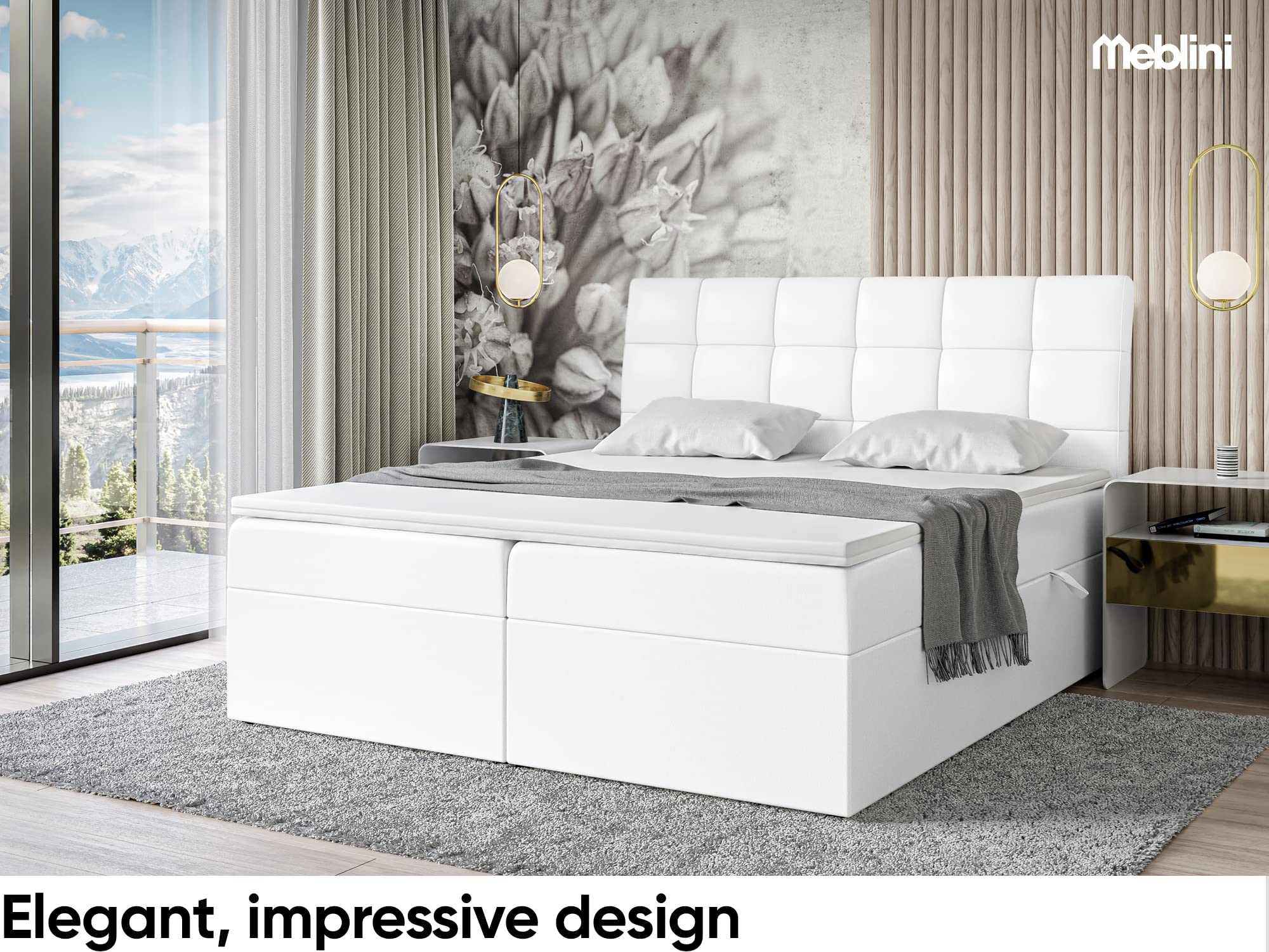 MEBLINI Boxspringbett mit Bettkasten - Gepolstert Doppelbett mit Matratze und Topper - Polsterbett mit Stauraum - Bett mit Kopfteil - Stauraumbett - Drago - 180x200 - H3/Weiß Kunstleder