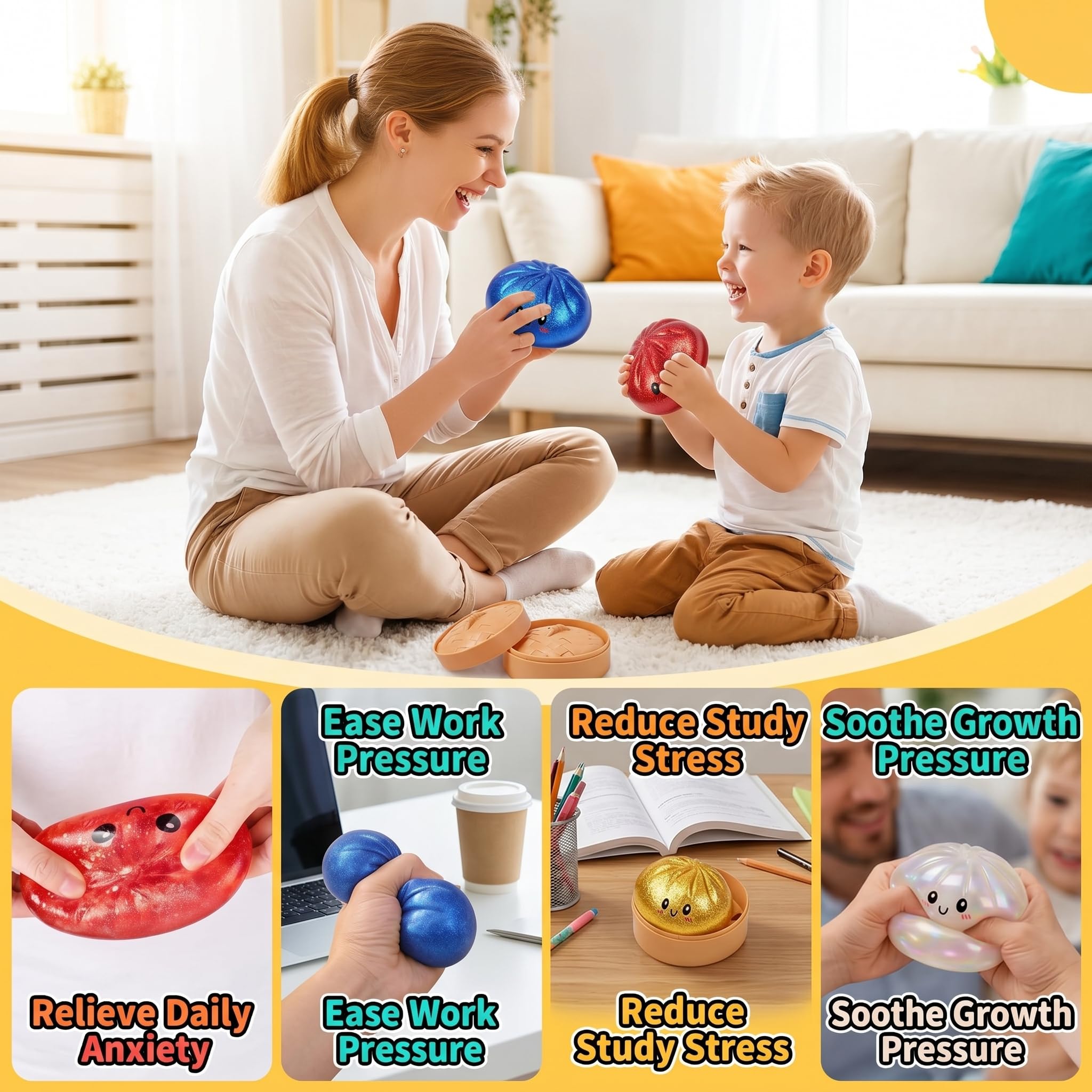 4PCS Giant Dumpling Squeeze, Dumplings Squishy con Purpurina, Juguetes Fidget Blandos de Rebote Lento, Pelotas Antiestrés para Aliviar la Ansiedad, Juguete Sensorial para Niños y Adultos — view 7