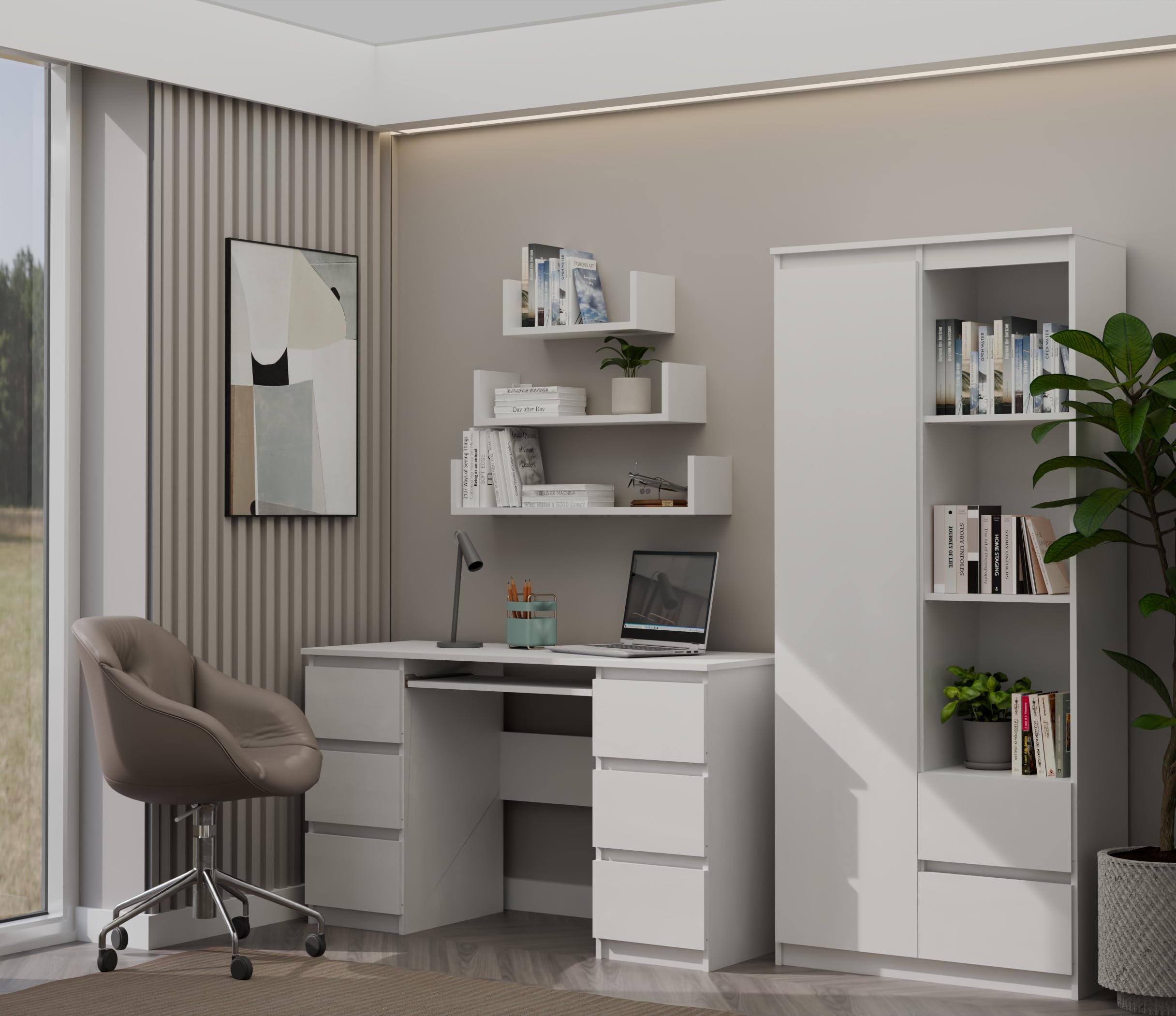 CDF Bureau avec Rangement 130x51x76 cm - Blanc Mat - 3 Tiroirs et Étagères