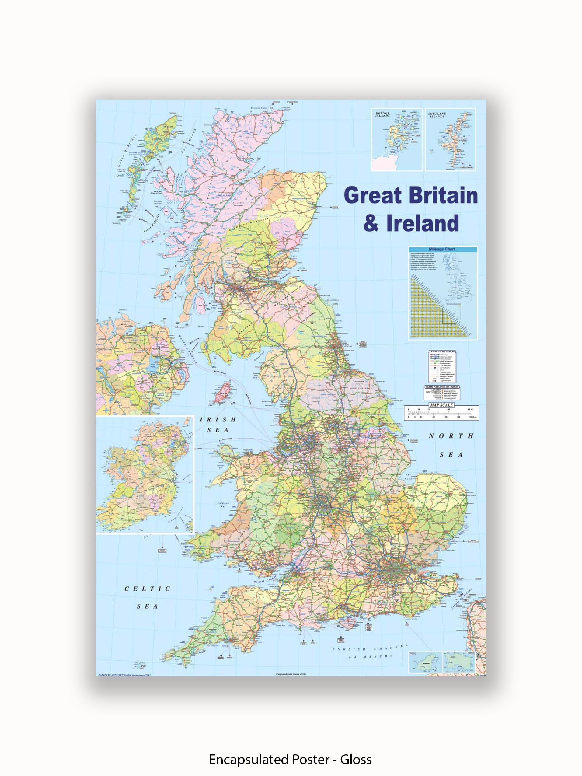 HUGE LAMINATED / ENCAPSULATED United Kingdom British Isles GB Road Map Educational POSTER, measures 36 x 24 inches (91.5 x 61cm)