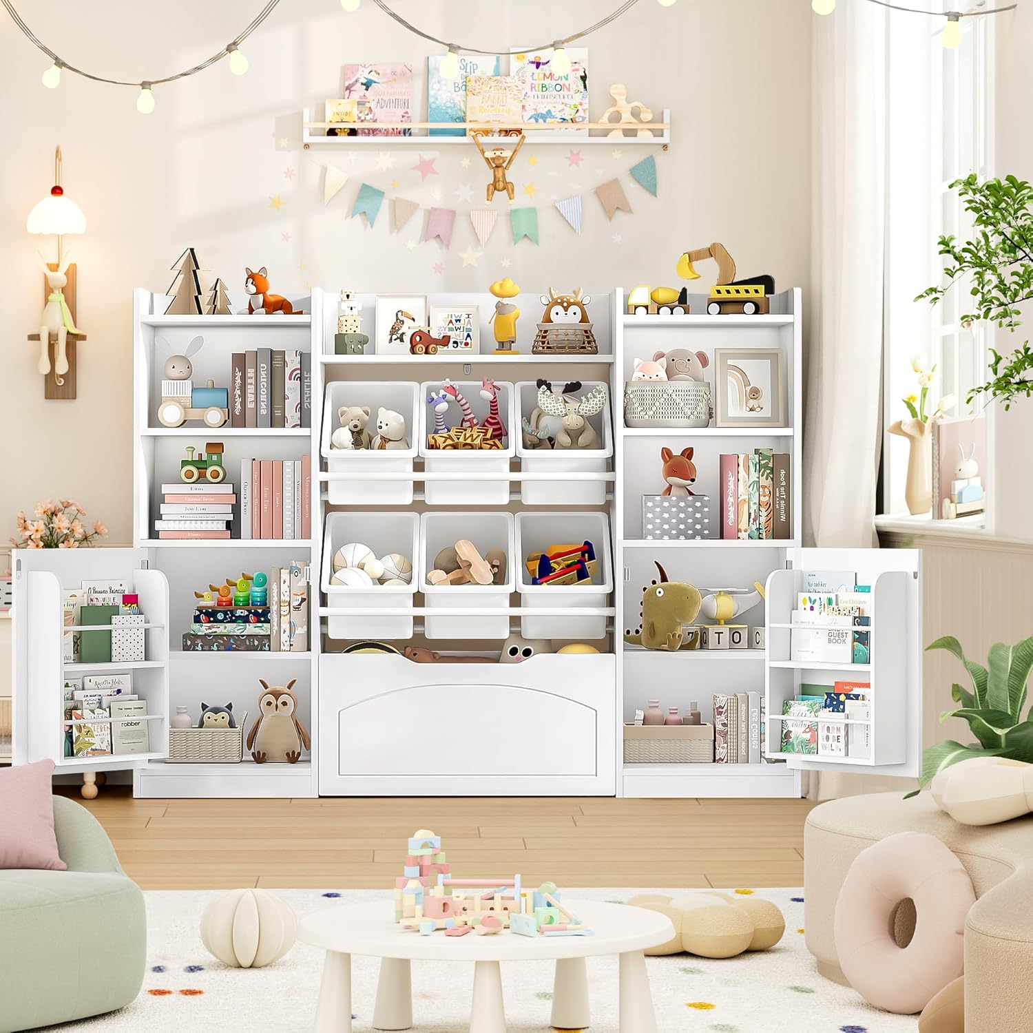 FINETONES 55” Toy Storage Organizer with Removable Bins, 5-in-1 Kids Bookshelf with Movable Chests and Book Shelves Behind The Doors, Toy Organizer Playroom with 6 Toy Bins and 8 Storage Cubes, White