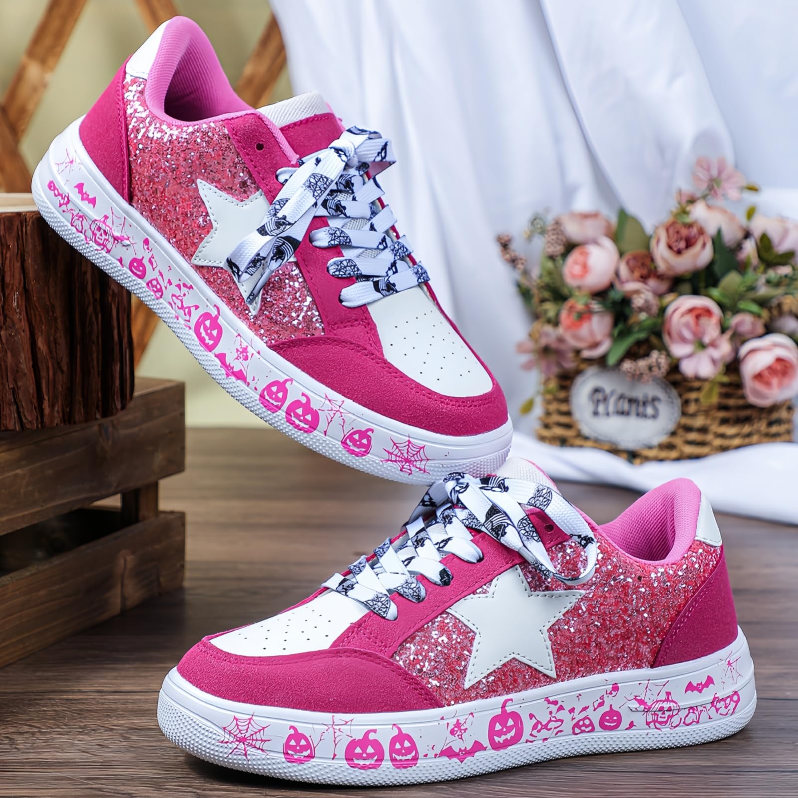 Modne damskie trampki z gwiazdami brokatowe cekiny sznurowane niskie buty tenisowe do biegania buty do chodzenia lekkie antypoślizgowe skórzane buty retro, Graffiti gwiazda różowy, 36.5 EU