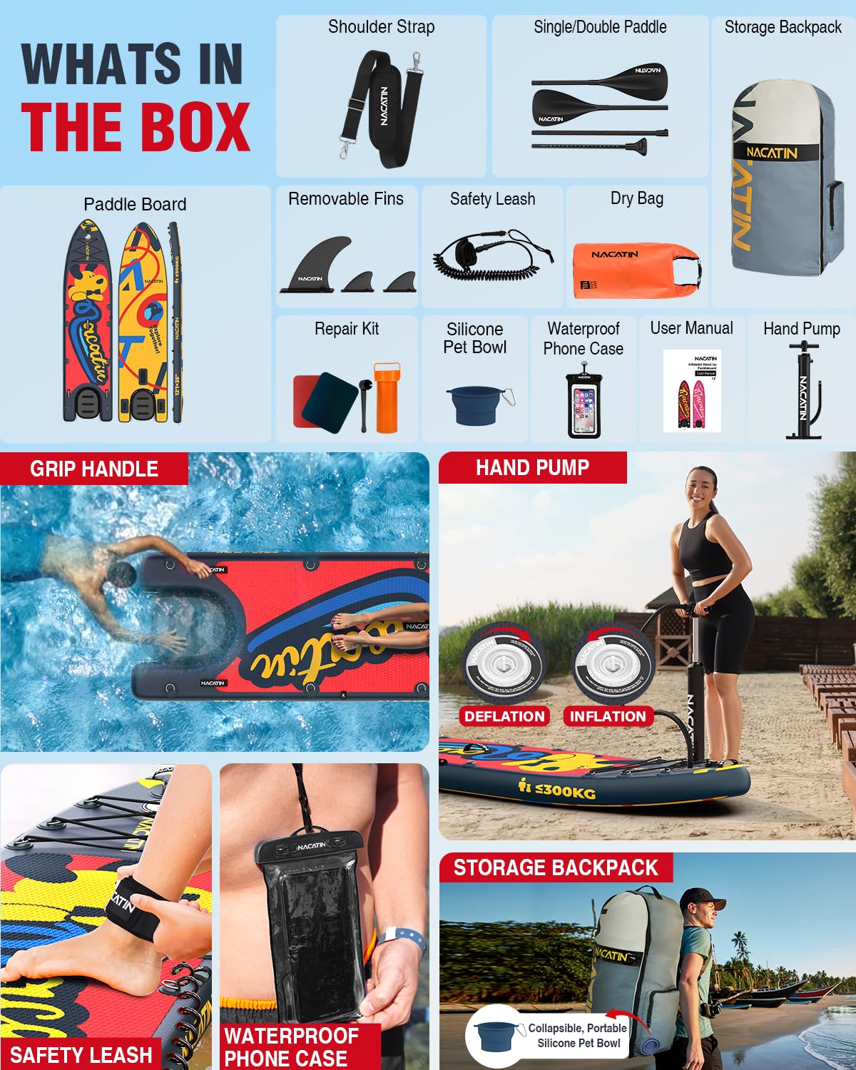 NACATIN Tabla de remo inflable de pie – Tabla de SUP de alta calidad con kit de rampa para perros, juego completo de tablas de remo para adultos con remo individual/doble, mochila, adecuada para remo