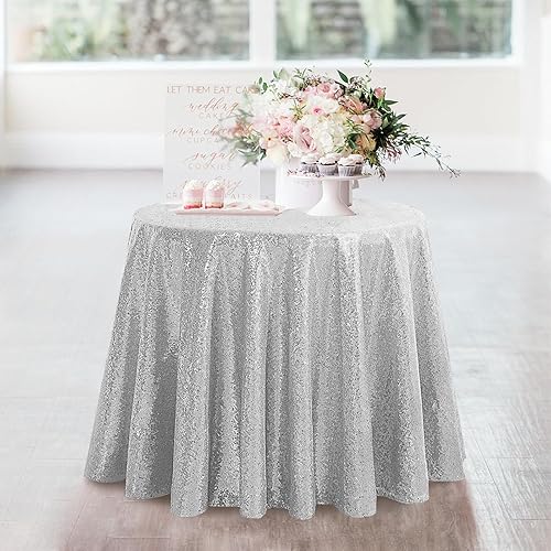 Miniatura 7 de OQSQ - Mantel redondo de lentejuelas plateadas, mantel con purpurina para decoraciones de despedida de soltera, cumpleaños, bodas, postres,