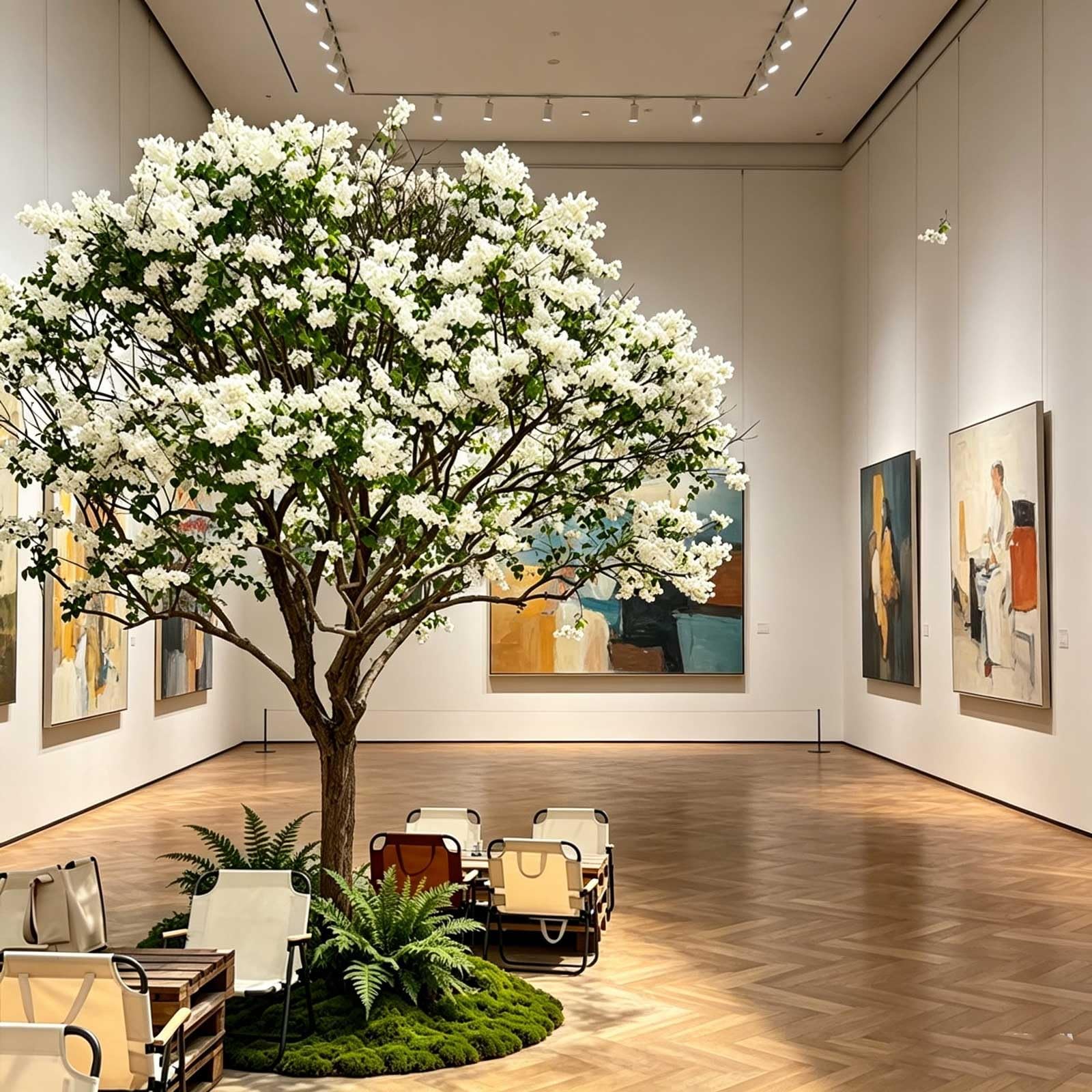 KIBONCY Lifelike Fringe Tree Artificial, Dense White Slender Blooms April Snow Fake, Moss Ground Cover Landscape Plant for Indoor High Ceiling Space Decor(3.5x2.5m)