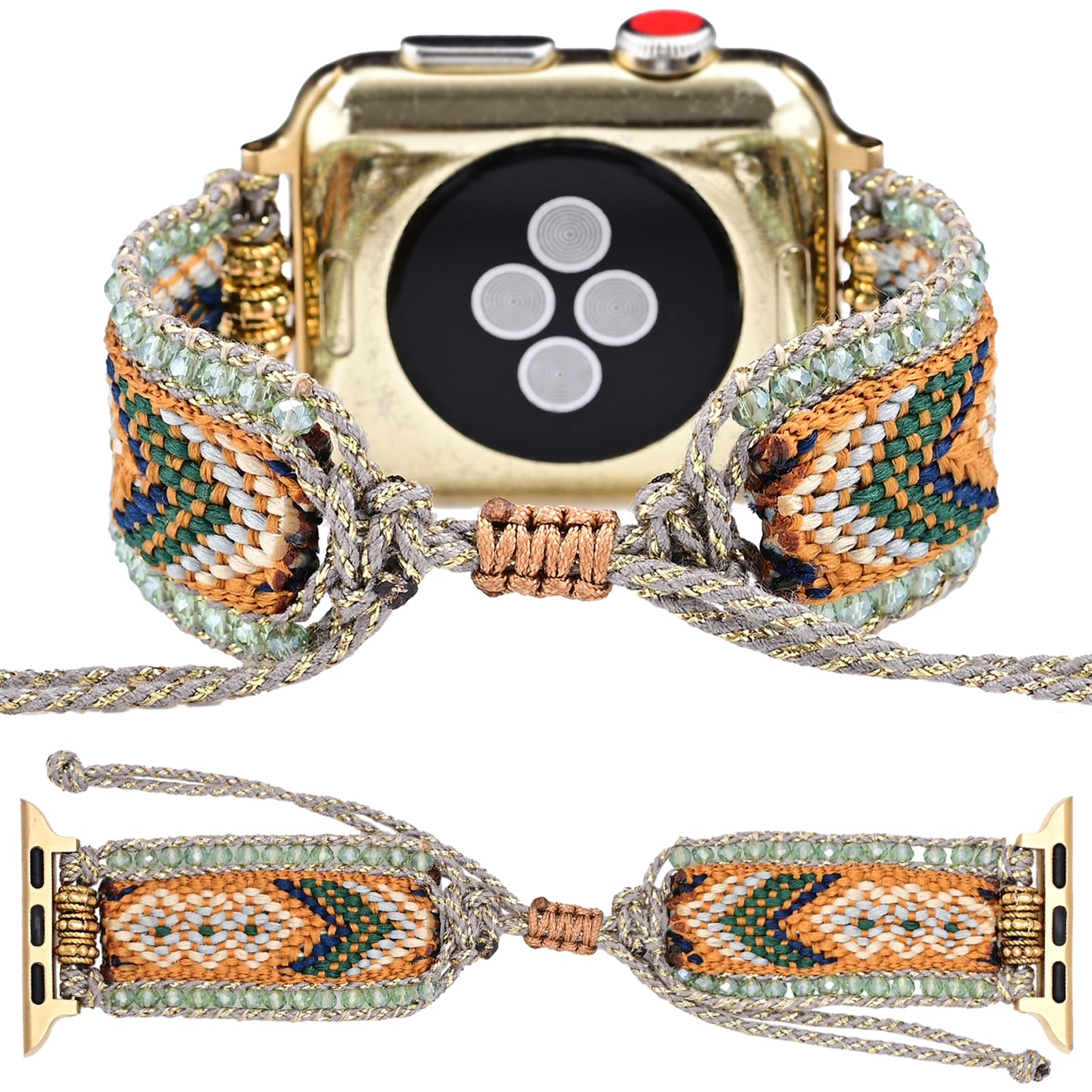 Bracelet en nylon tressé style western bohème compatible avec Apple Watch 38 mm, 40 mm, 41 mm, 42 mm, 44 mm, 45 mm, 49 mm - Bracelet réglable avec perles pour iWatch Series 9 8 SE Ultra 7 6