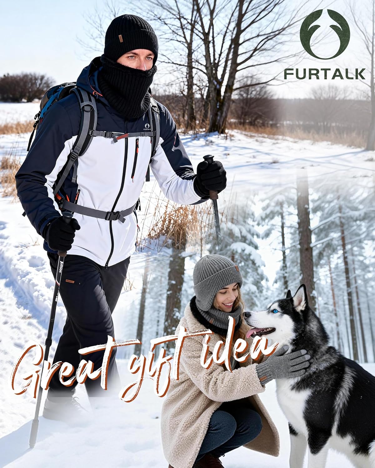 FURTALK Mens Winter Knit Beanie with Earflap Neck Warmer and Gloves Set Warm Fleece Lined Skull Cap