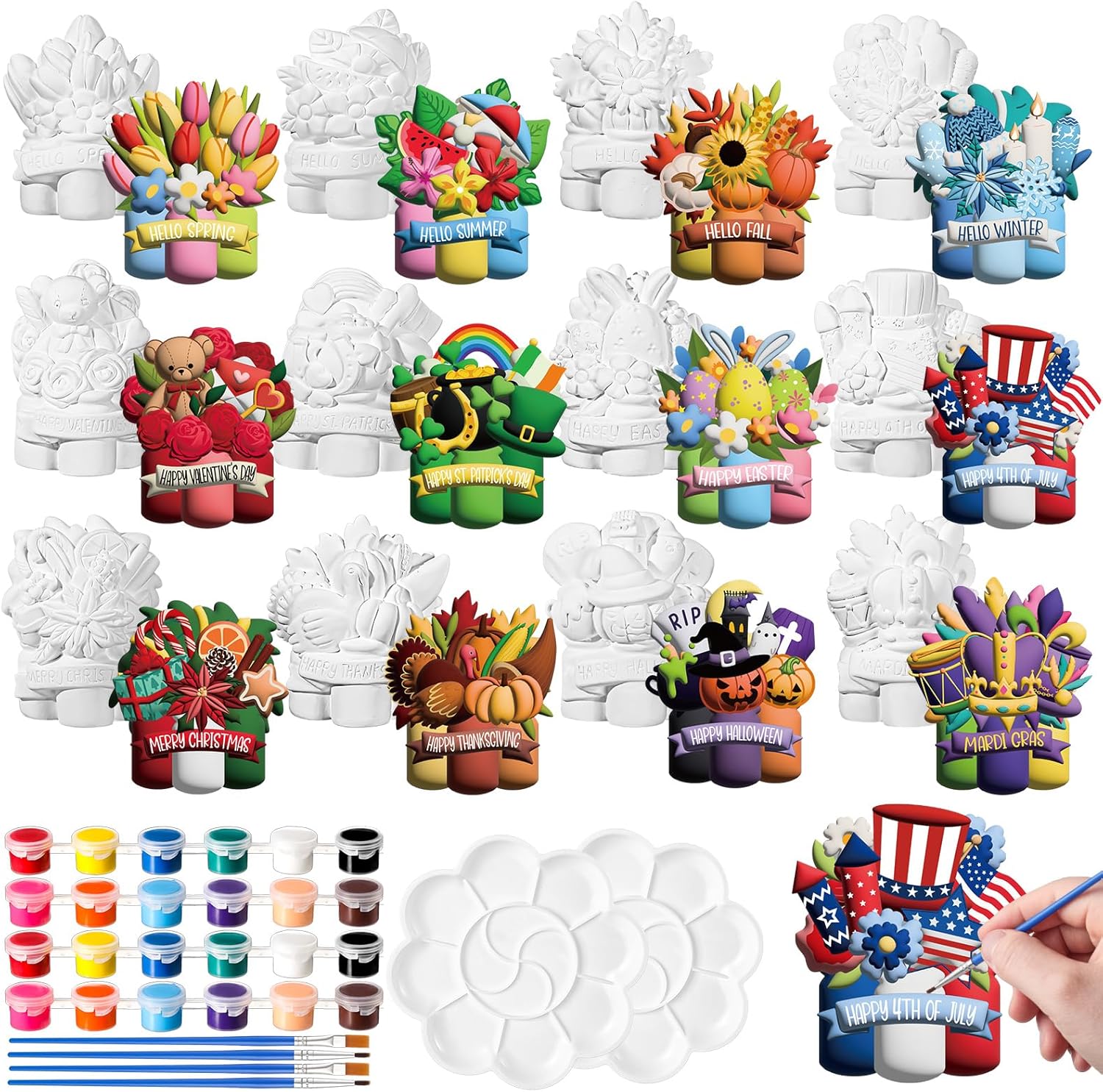Kolldenn 12 Pcs Holiday Gnome Truck Vase Painting Kit Ceramics to Paint Your Own Statues DIY Statues with 24 Acrylic Paint 4 Brushes 2 Palette Unpainted Crafts for Independence Day Summer(Vase)