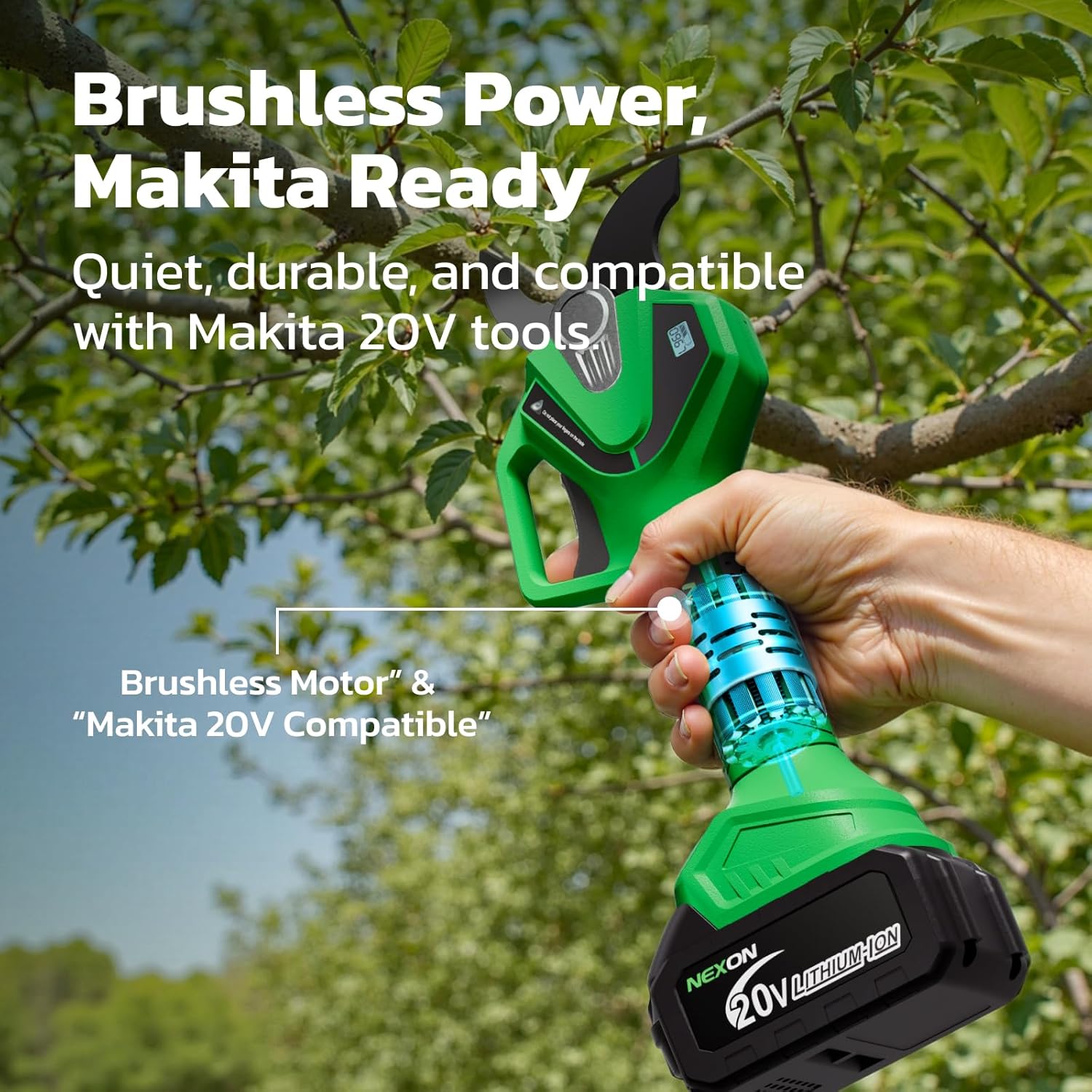 NEXON Cordless Electric Pruning Shears, 2-in-1 Tree Trimmer & Pole Pruner, 1.6" Cutting Capacity, 4000mAh Battery, Brushless Motor, Compatible for Makta 20V Battery, Garden Branch Cutter