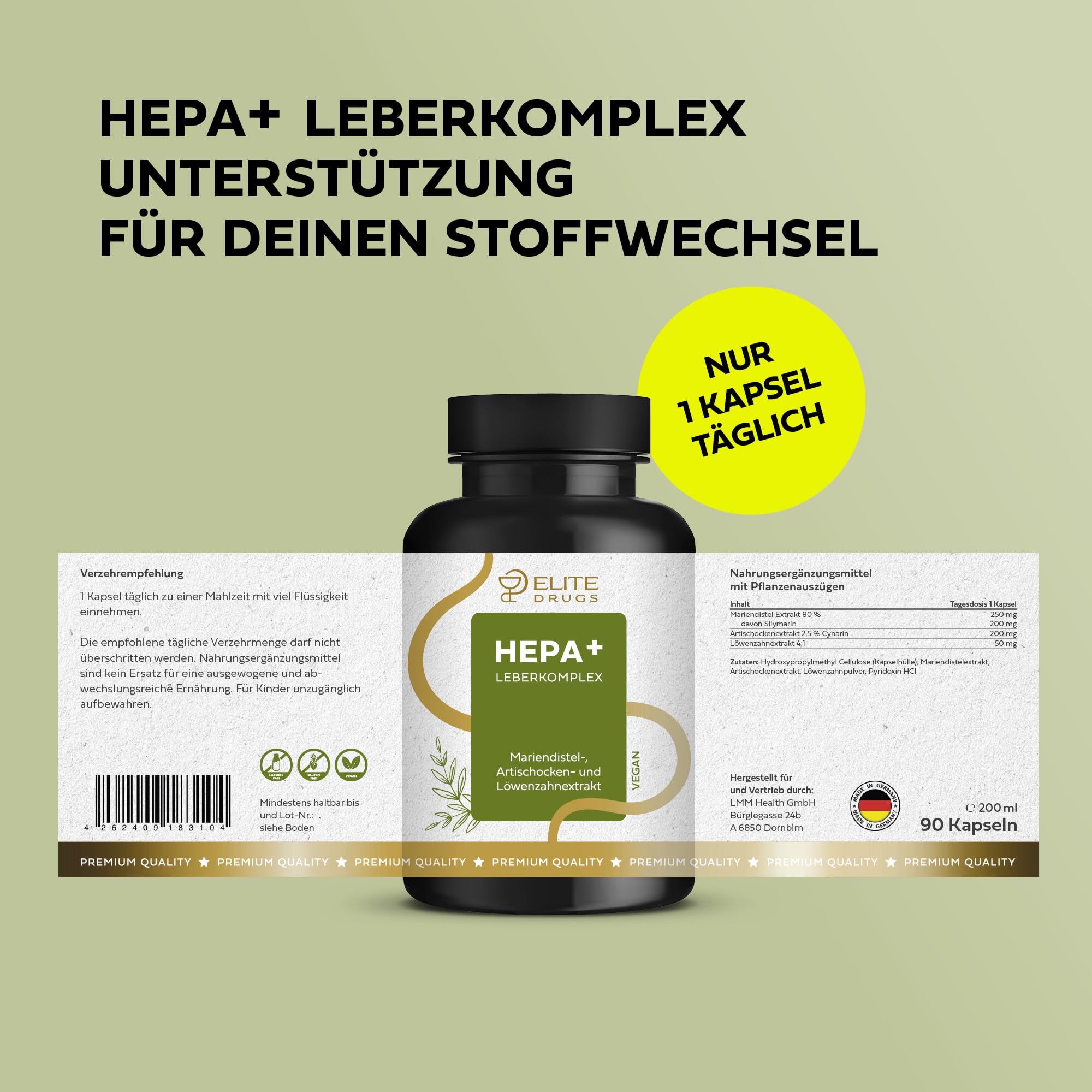 Hepa Plus Leberkomplex & Leberkur zur täglichen Leberpflege - 90 Kapseln hochdosiert mit 80% Silymarin, 2,5%, Mariendistel, Artischocke, Löwenzahn - 3-Monatsvorrat, vegan, laborgeprüft, Made in DE