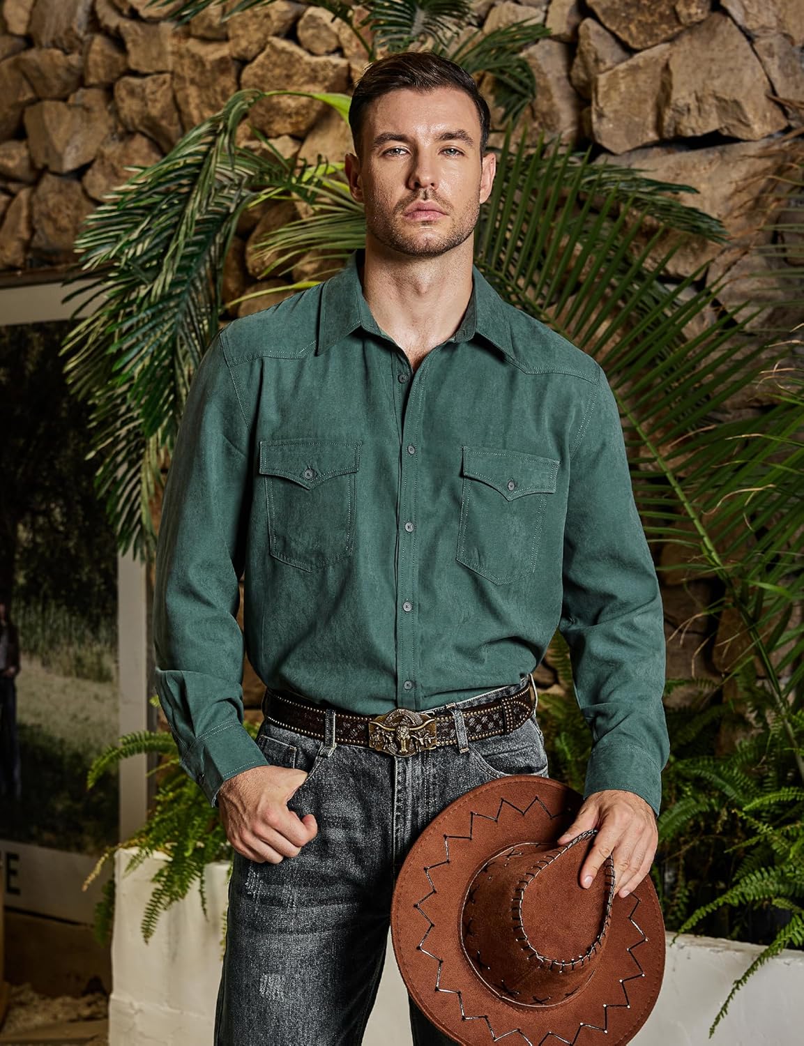 VATPAVE Mens Western Cowboy Shirts Button Up Shirts Long Sleeve Work Shirts for Men with Two Pockets - Image 3