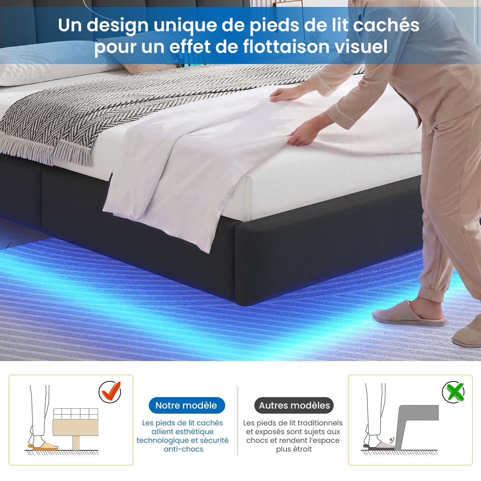Brinlawb Lit Flottant 180x200 cm avec Dossier Confortable Incliné Rembourré et Rangement Caché, Lit 180x200 avec Sommier avec Éclairage LED et Multiprise (2 Prises AC, 1 USB-A et 1 USB-C) Lin Gris