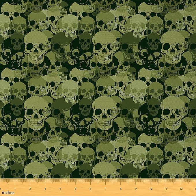 jejeloiu Green Black Sugar Skull Fabric by The Yard 1 Yard Gothic Bones Style Skeleton Design Upholstery Fabric for Chairs Halloween Theme for Home DIY Projects, Waterproof Indoor Outdoor Decor
