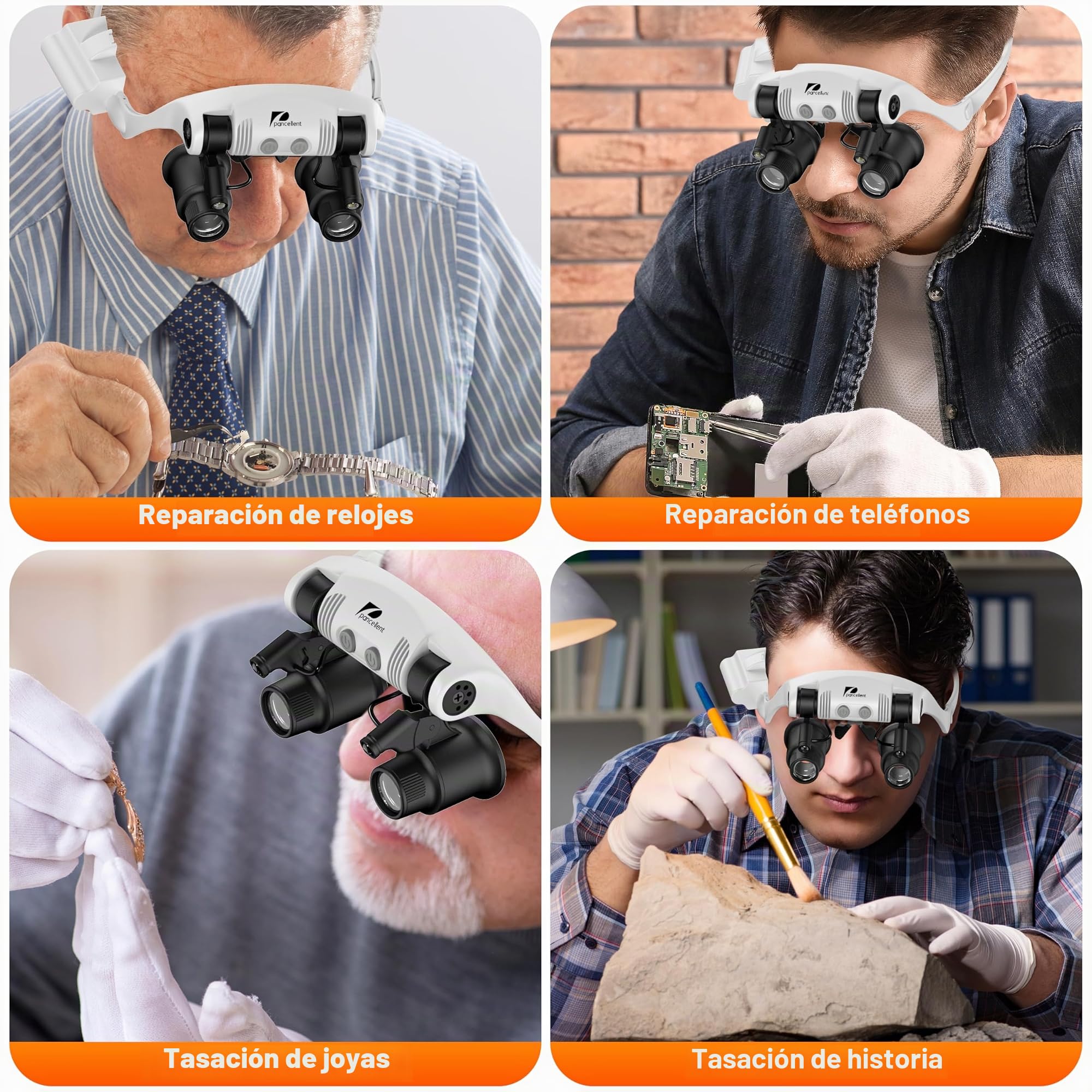 Pancellent Lupa de reparación de relojes, lupa de montaje en cabeza, 4 lentes desmontables, 2 luces LED, gafas de lectura manos libres para leer, lupa de joyería, reparación electrónica (10X, 15X, 20X