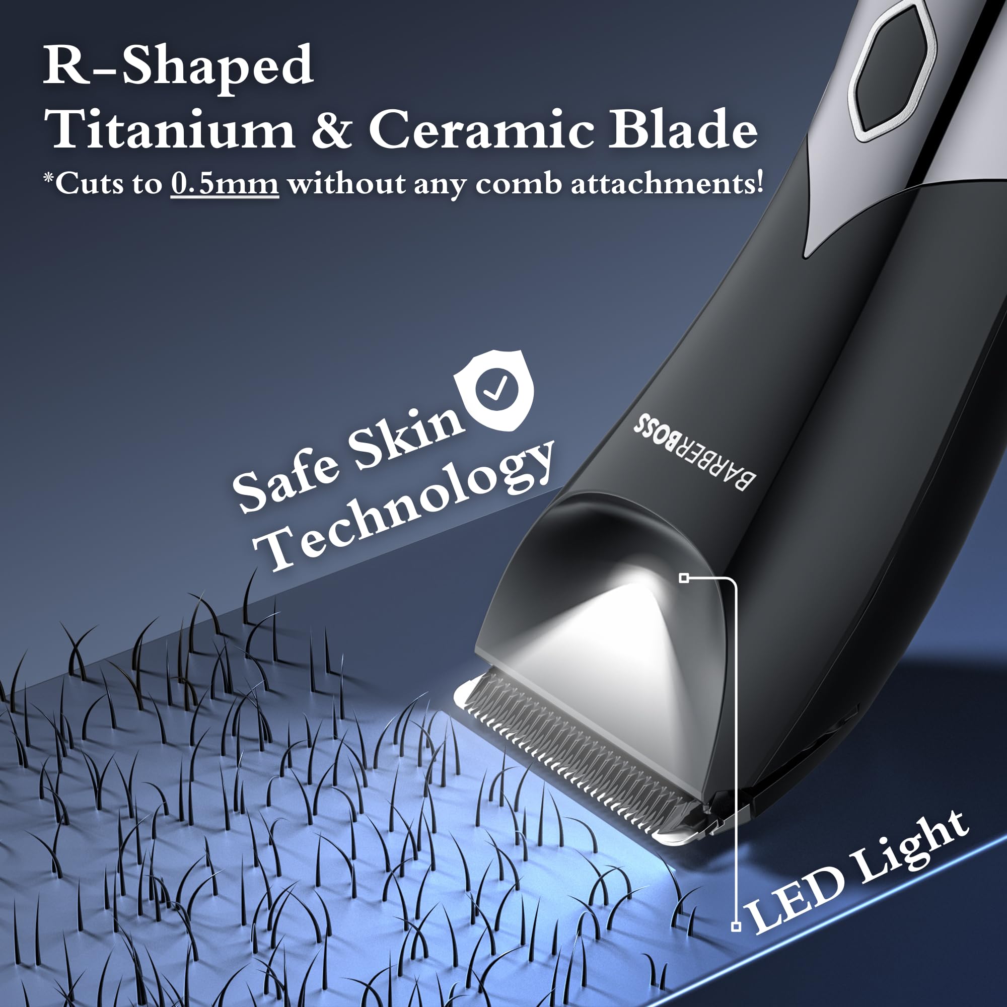 BarberBoss Body Clipper per uomo, Body Groomer, Rifinitore impermeabile per uomo: Rasoio per viso, corpo e inguine con lame in ceramica, Kit per la cura delle parti intime senza fili