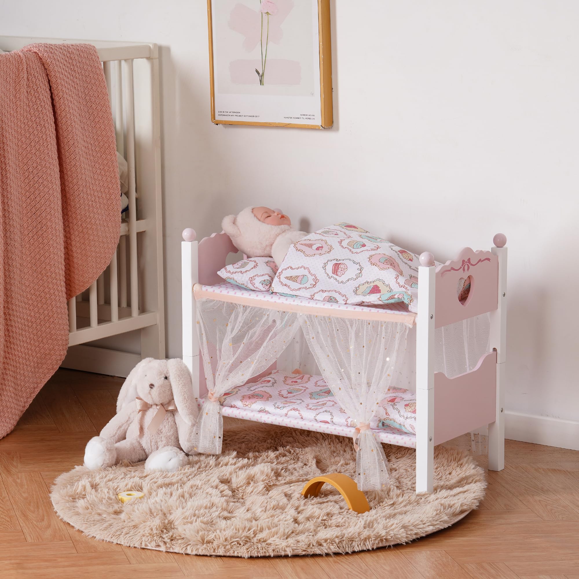 Literas de muñeca de bebé, cuna de madera para muñecas con cortina estrellada, cuna de juguete apilable para muñecas de 18 pulgadas, juego de cama para muñecas con accesorios de cama, para 8