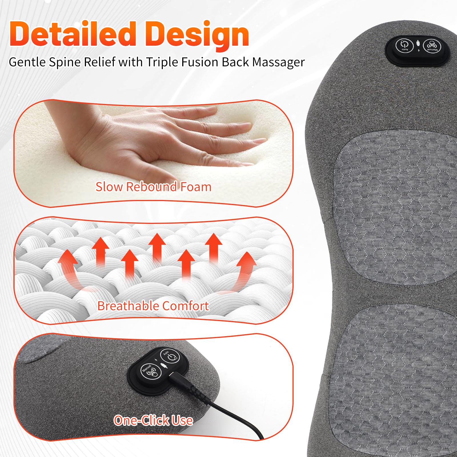 3 in 1 Rückenmassagegerät mit Massage und Wärme, Ergonomische Lendenstütze aus Memory Foam, Rückenstütze für Büro Auto und Zuhause mit Air Lift Funktio