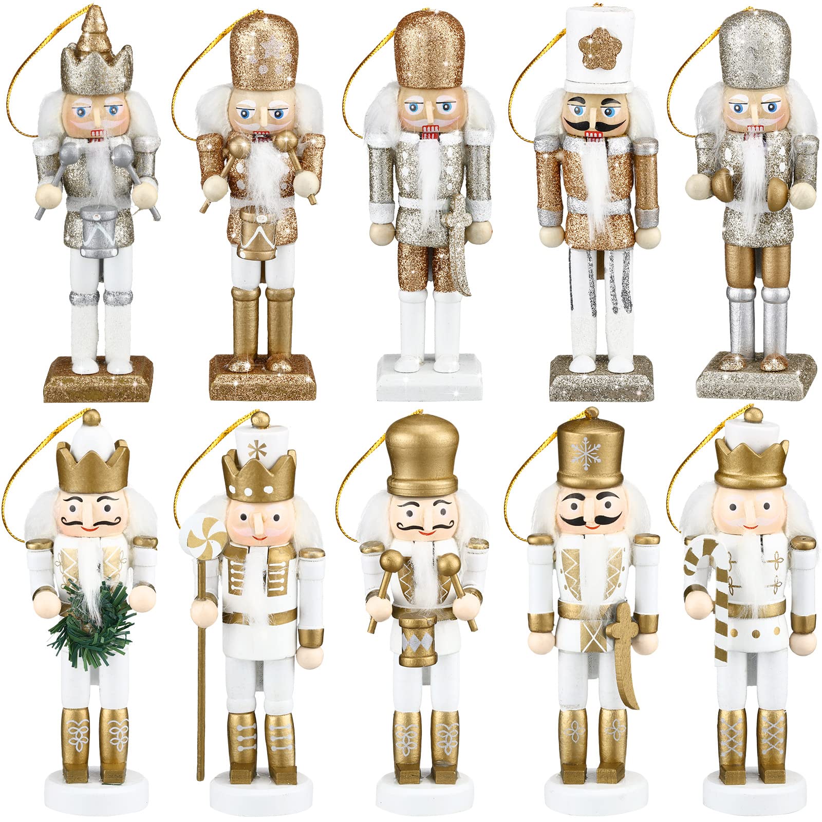 10 Pcs Christmas Nutcracker Ornaments Wooden Nutcracker Hanging Decorations 5 Inch Tall Nutcracker Figures Nutcracker Christmas Decorations Nutcracker Soldiers for Figures Puppet Toy (Gold Series)