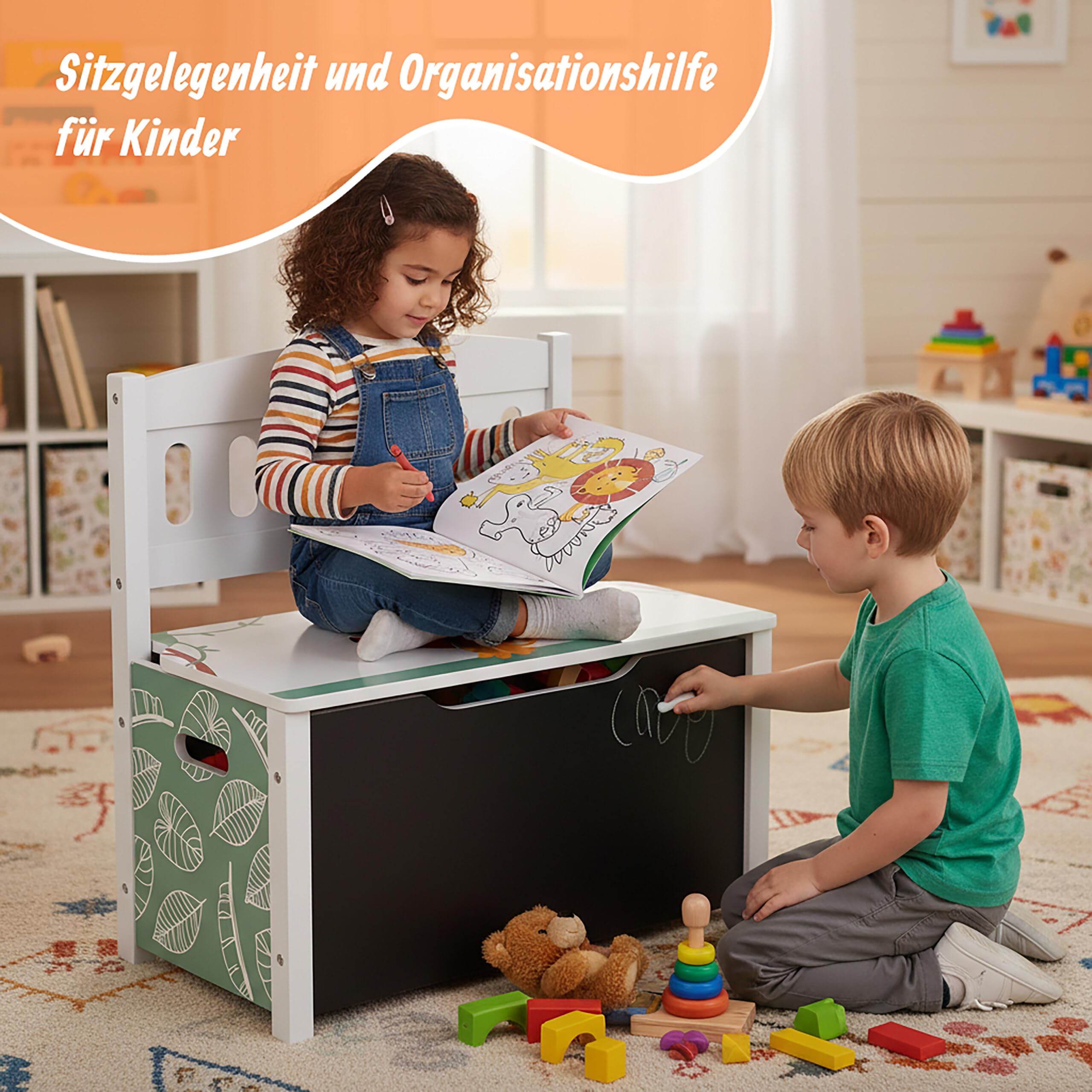 Relaxdays Kinderbank mit Stauraum, Tafel, Rückenlehne, HBT: 55,5 x 57 x 30 cm, Kinder, Löwenmotiv, Spielzeugkiste, bunt