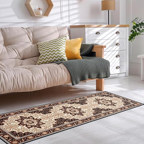 Miniatura 6 de Alfombra de pasillo marrón retro de 2 x 6 pies, tradicional, antideslizante, lavable a máquina, alfombra de franela suave para interiores y