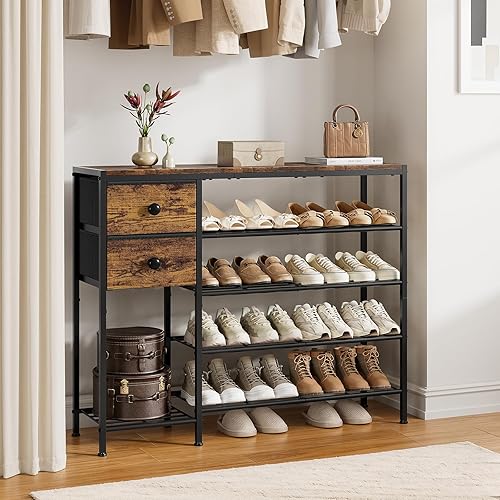 Miniatura 6 de Zapatero de 5 niveles con 2 cajones de tela, marco de metal y tablero de madera organizador de zapatos para 16-20 pares de zapatos, estante de